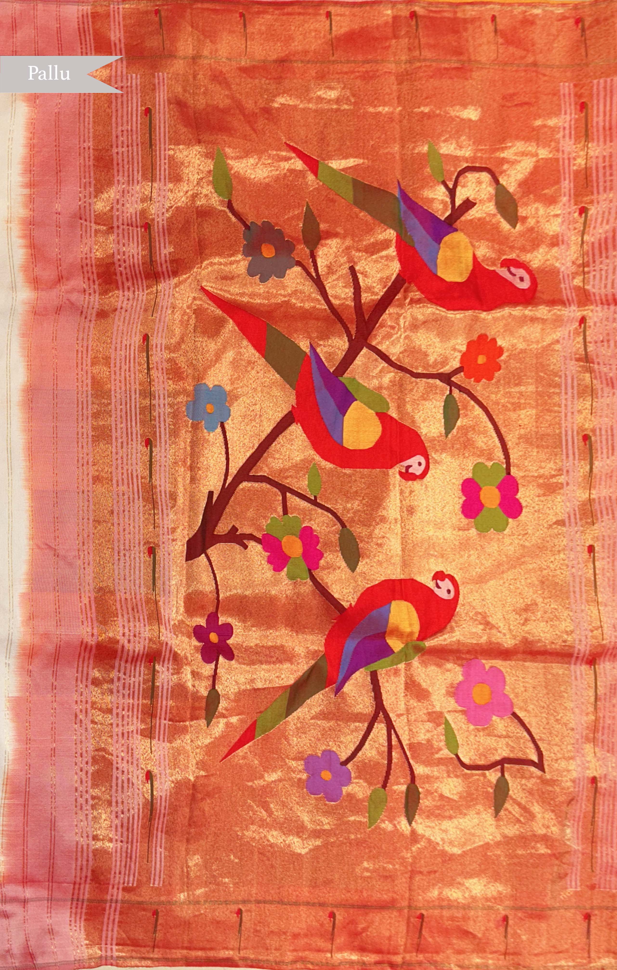 Coral Pink Kora Jamdani Saree with Paithani Border