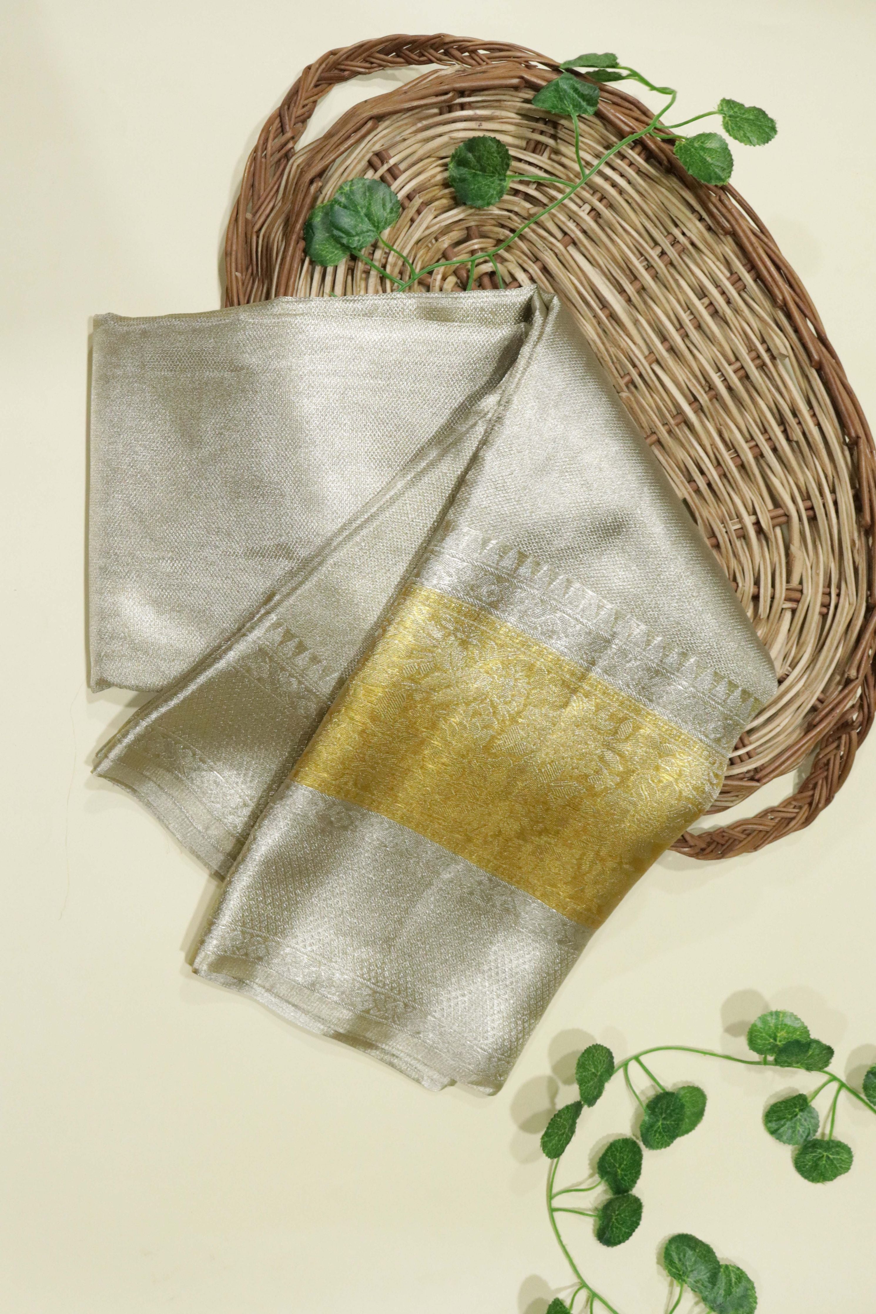 Silver Kanchipuram Tissue Silk Saree with Gold Border - Mokshaa