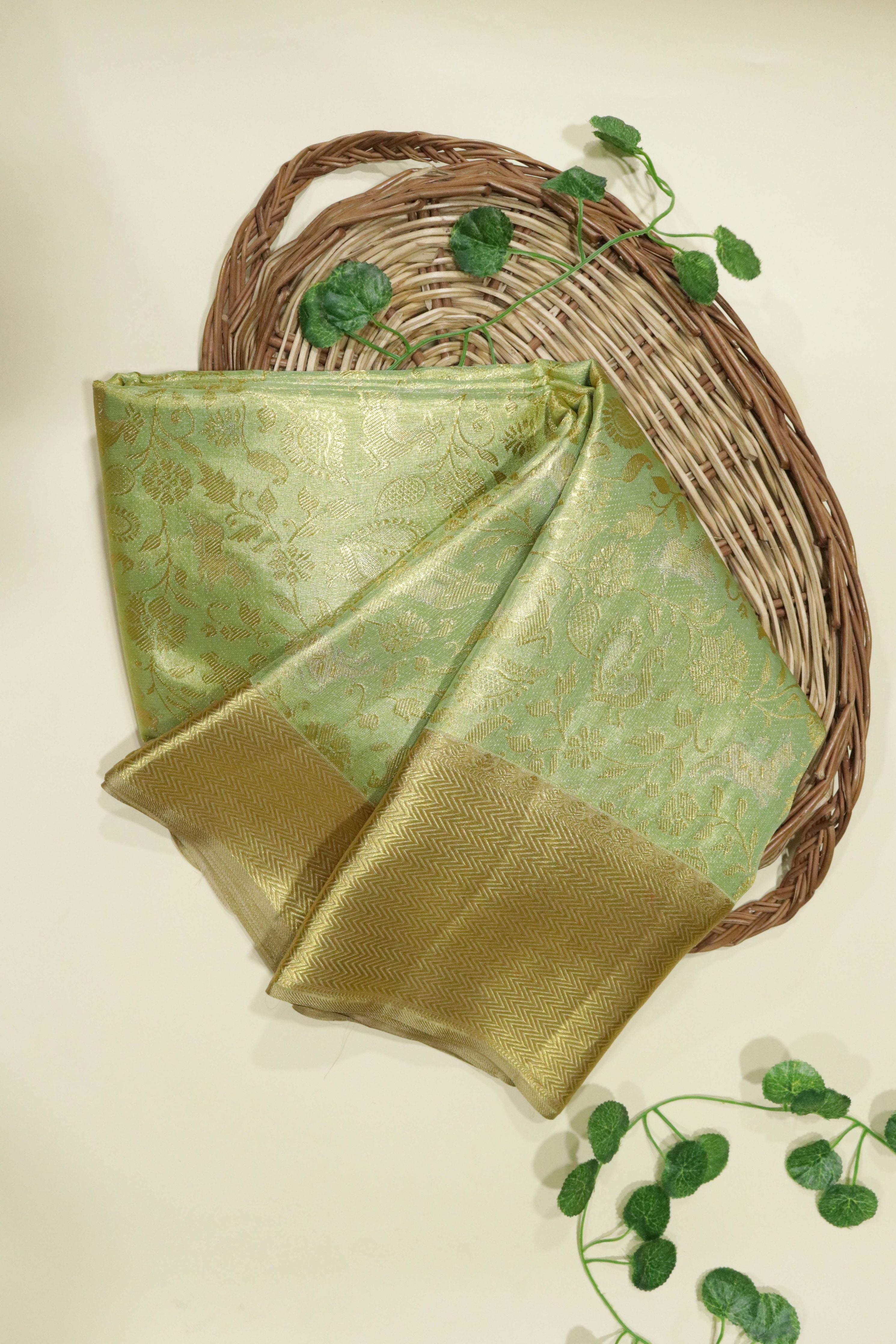 Green Kanchipuram Tissue Silk Saree with Gold Zari Border - Mokshaa