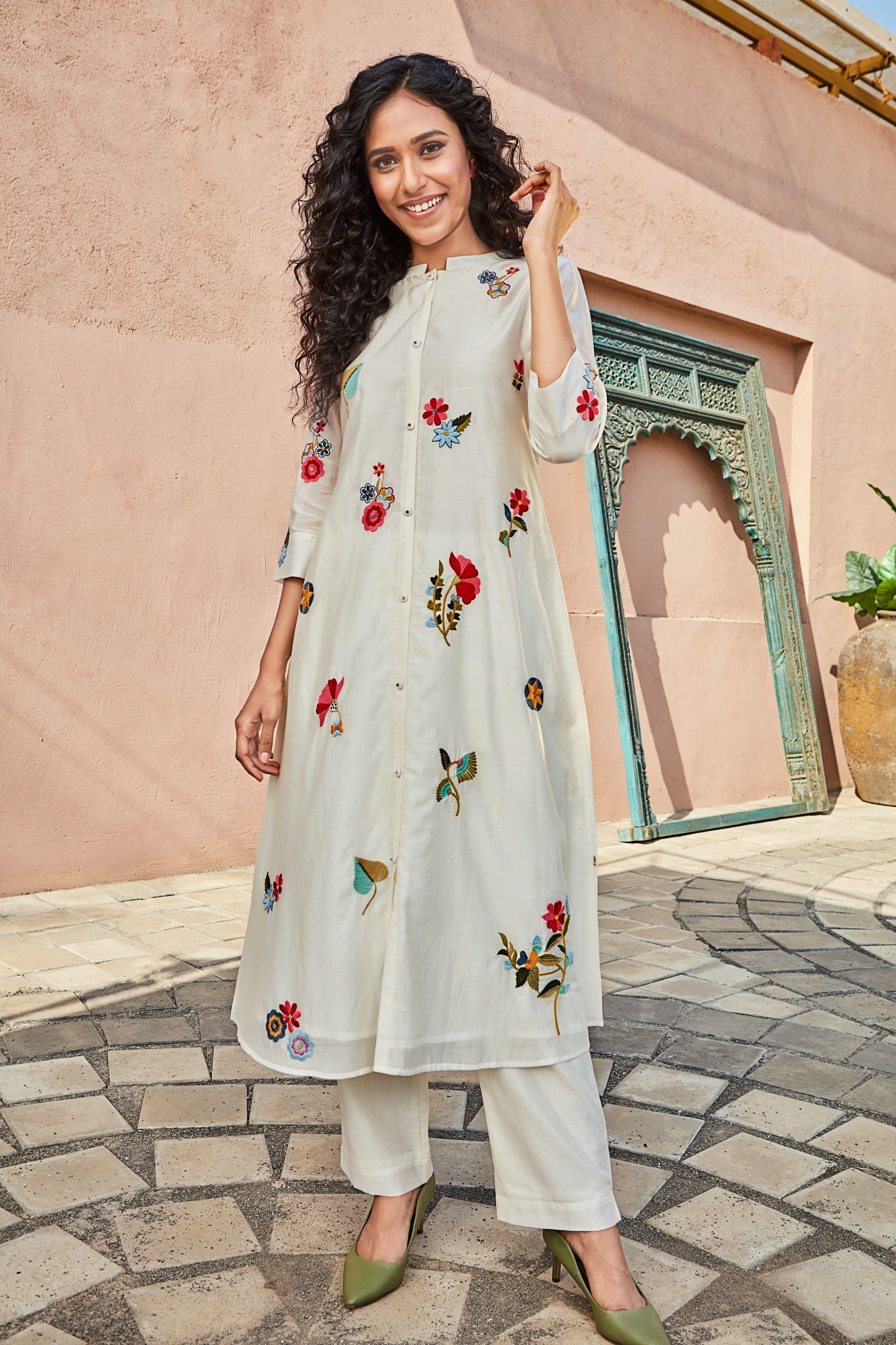 Ivory Embroidered Kurta Set with Button Detailing - Mokshaa