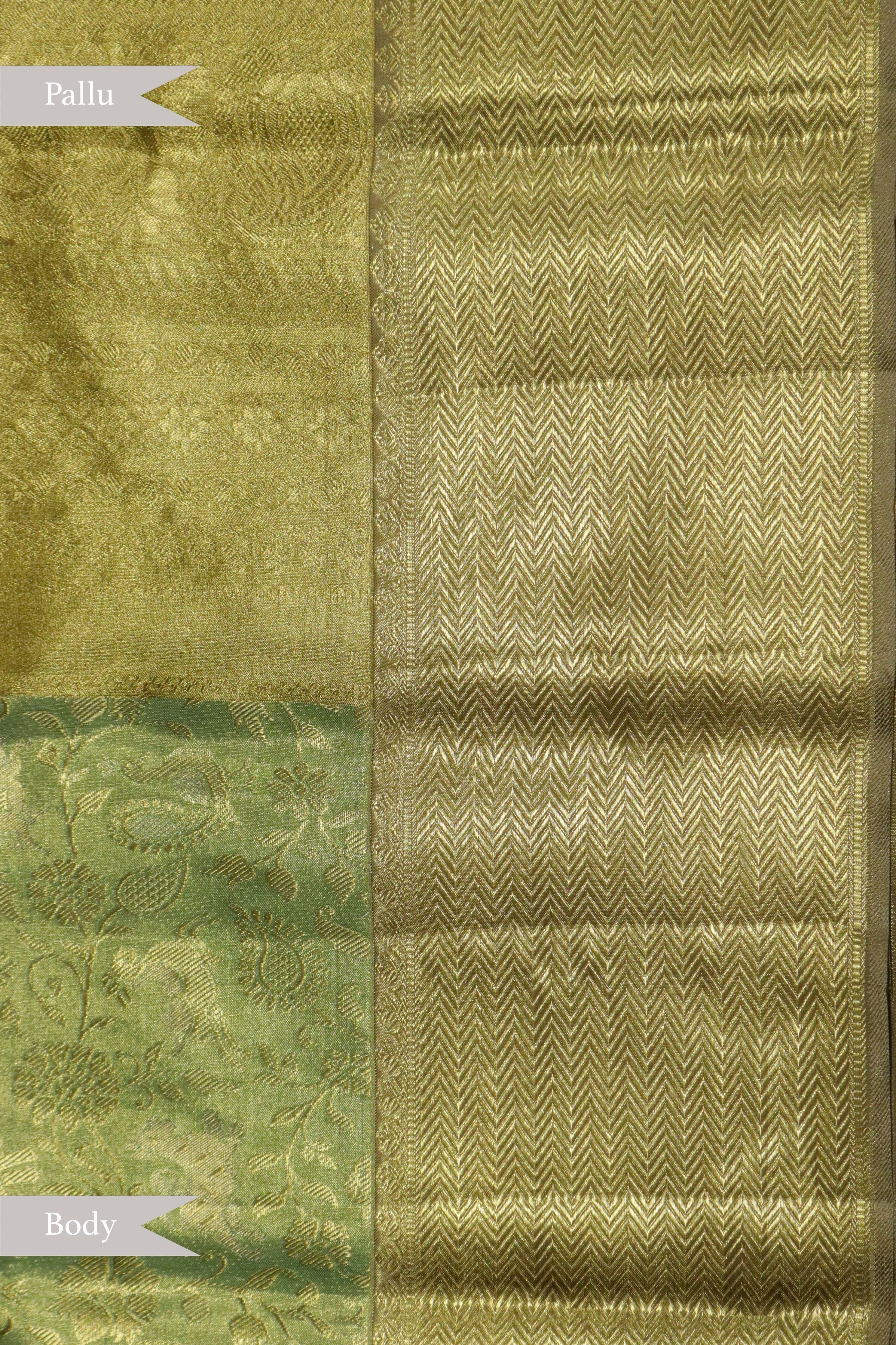 Green Kanchipuram Tissue Silk Saree with Gold Zari Border - Mokshaa
