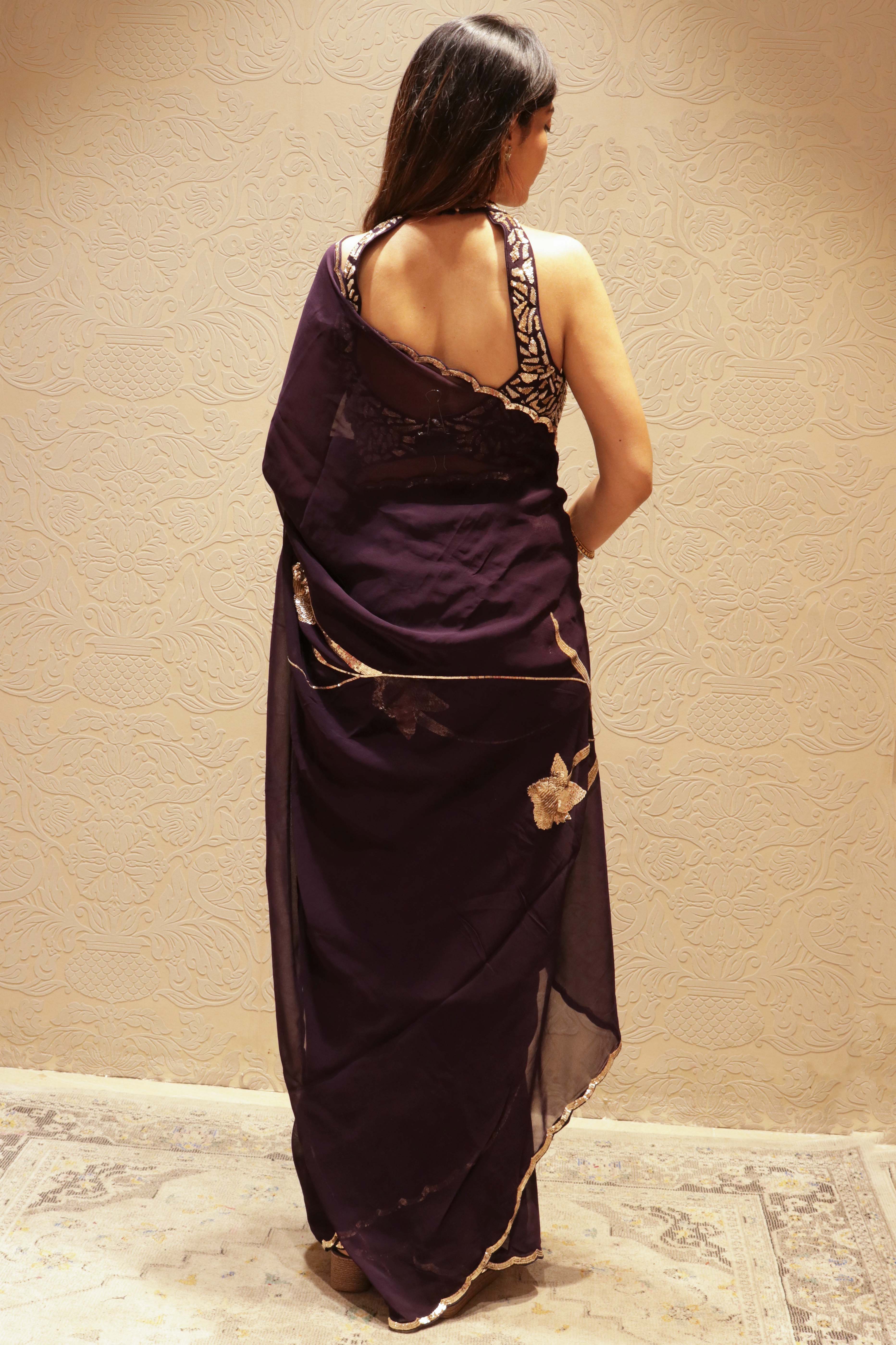 Purple Georgette Sequin Saree - Mokshaa