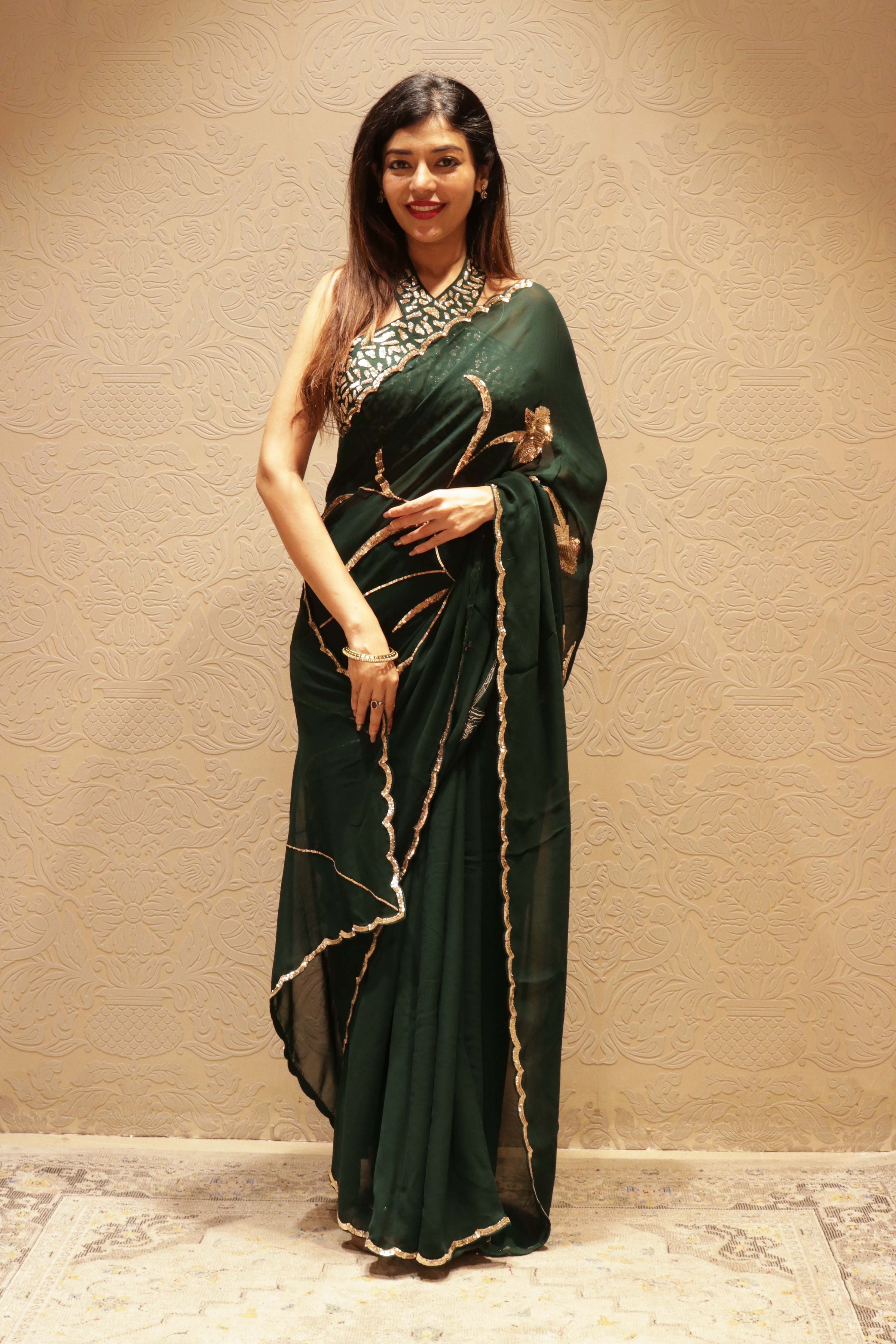 Bottle Green Georgette Sequin Saree - Mokshaa