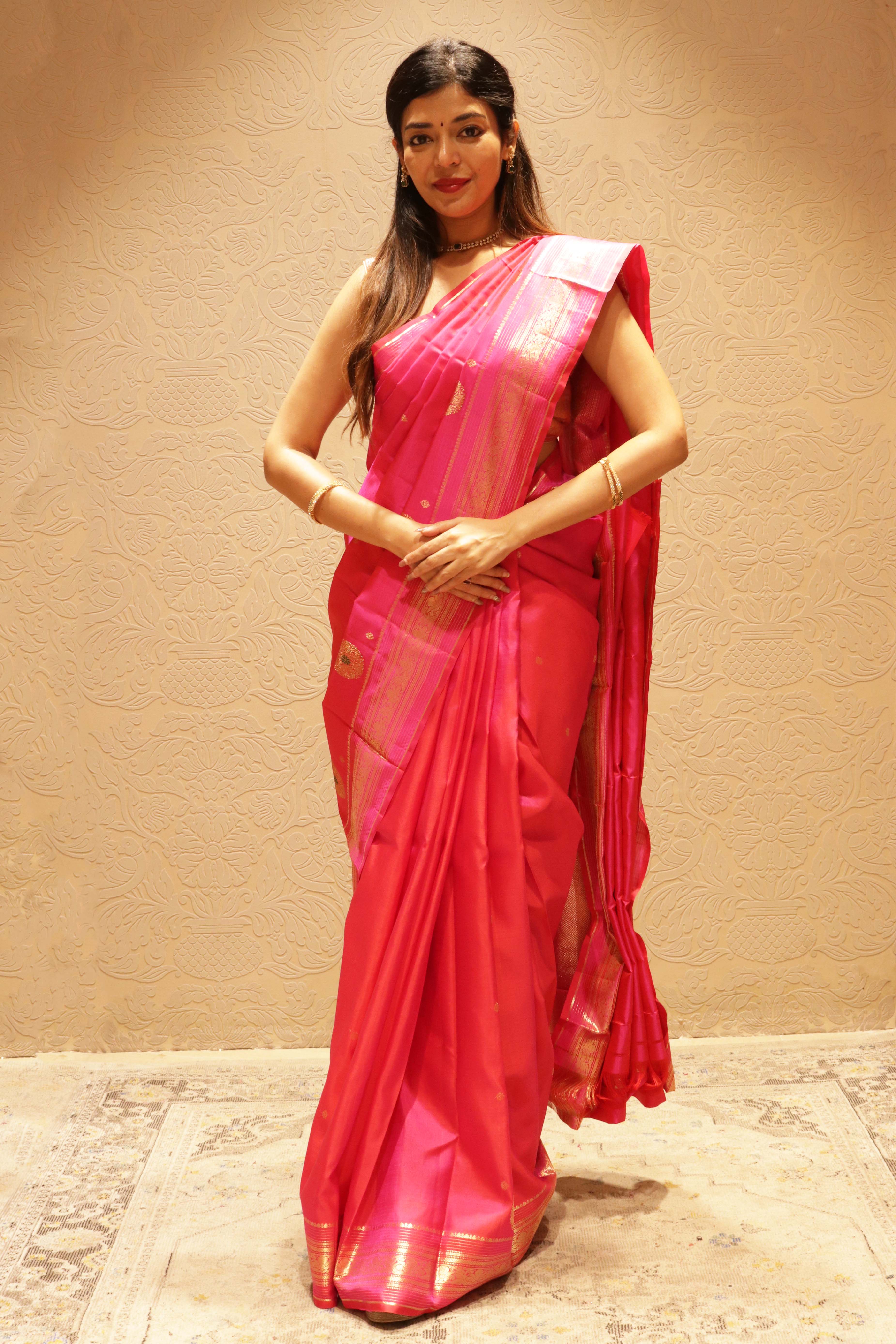 Pink Kanchipuram Silk Saree with Gold Zari Motifs - Mokshaa