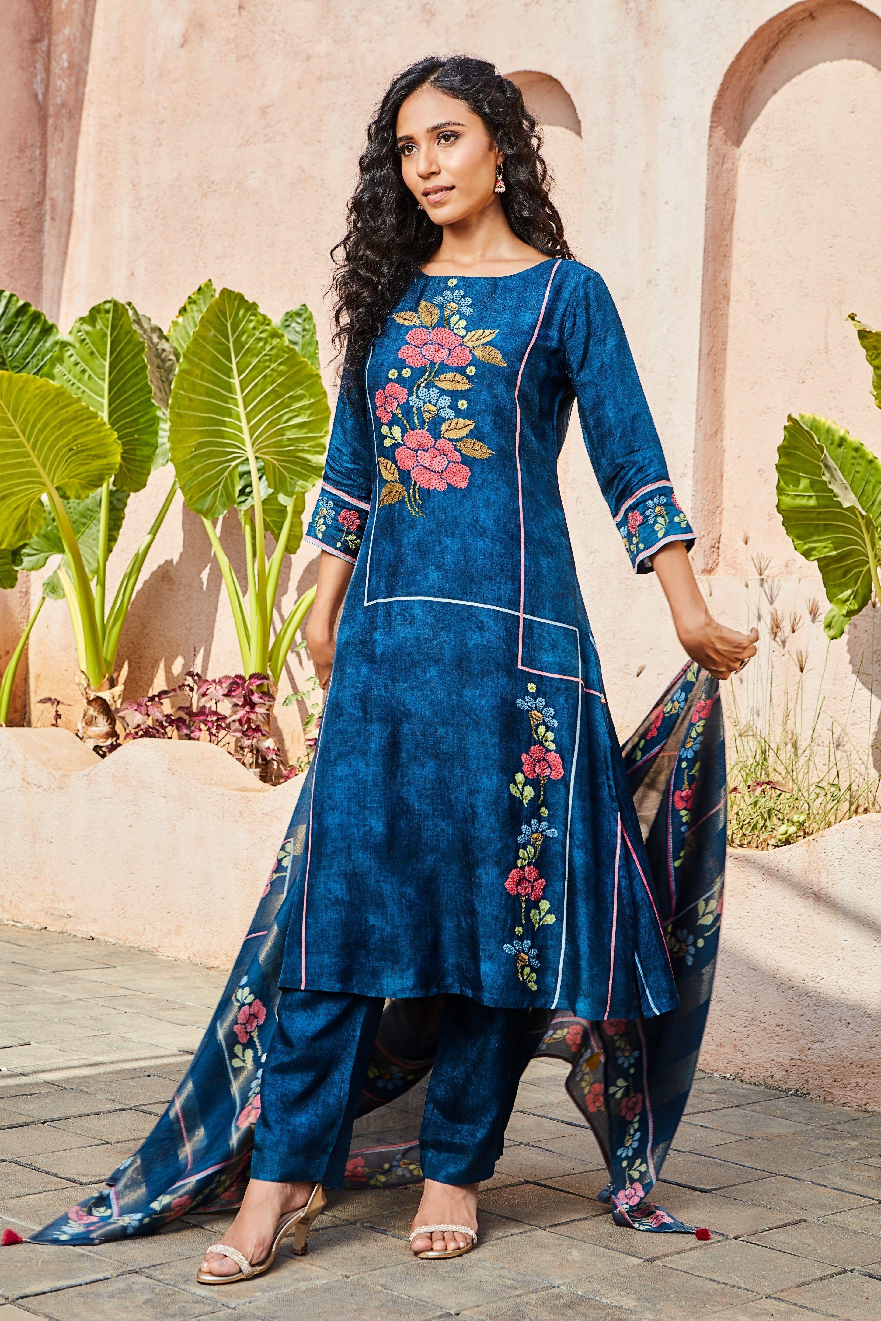Indigo Blue Embroidered Kurta Set with Floral Dupatta - Mokshaa