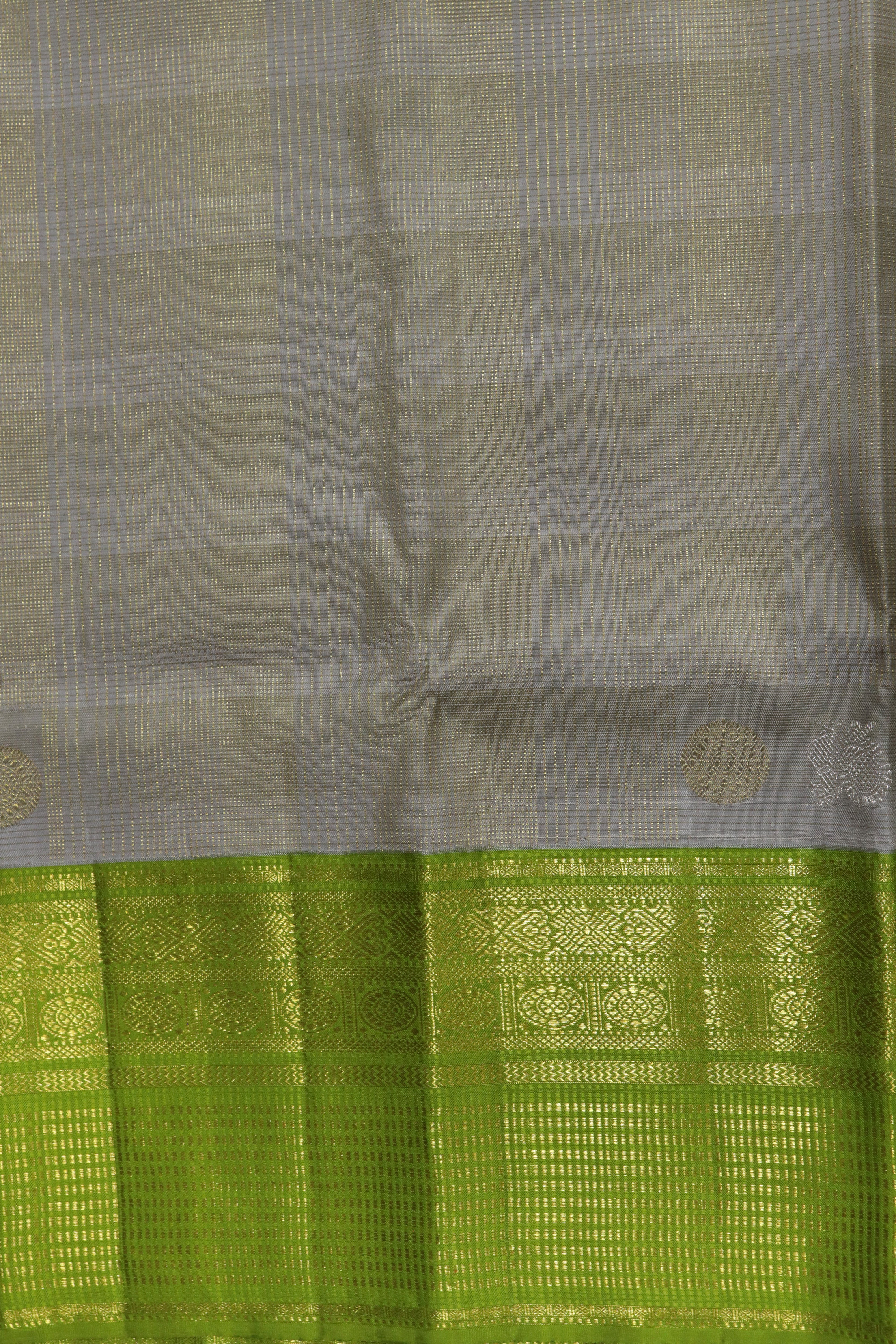 Ash Grey Kanchivaram Silk Saree with Vaira Oosi Checks and Peacock Green Zari Border
