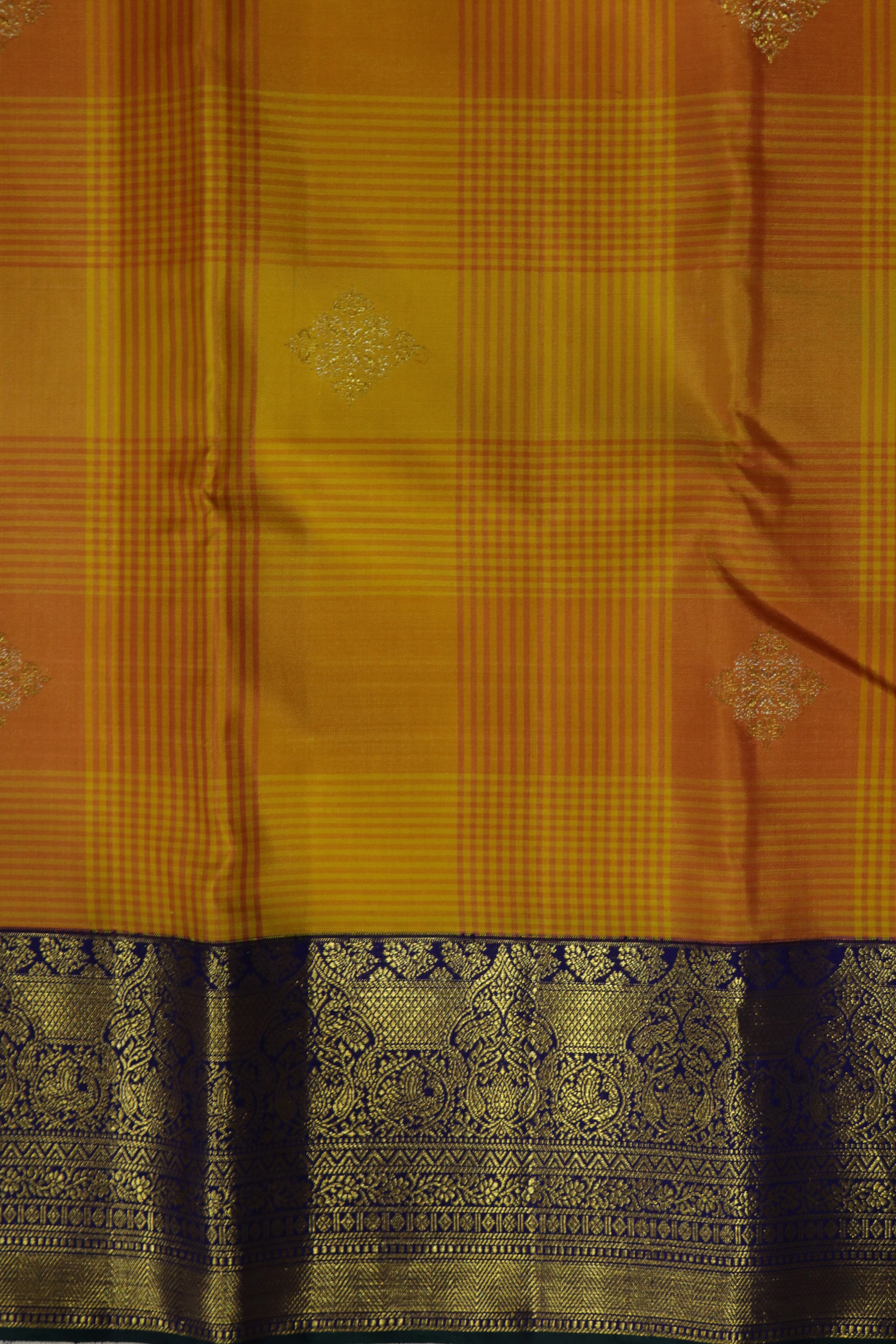 Mango Yellow Kanchivaram Silk Saree with Self Checks, Zari Motifs and Contrast Border