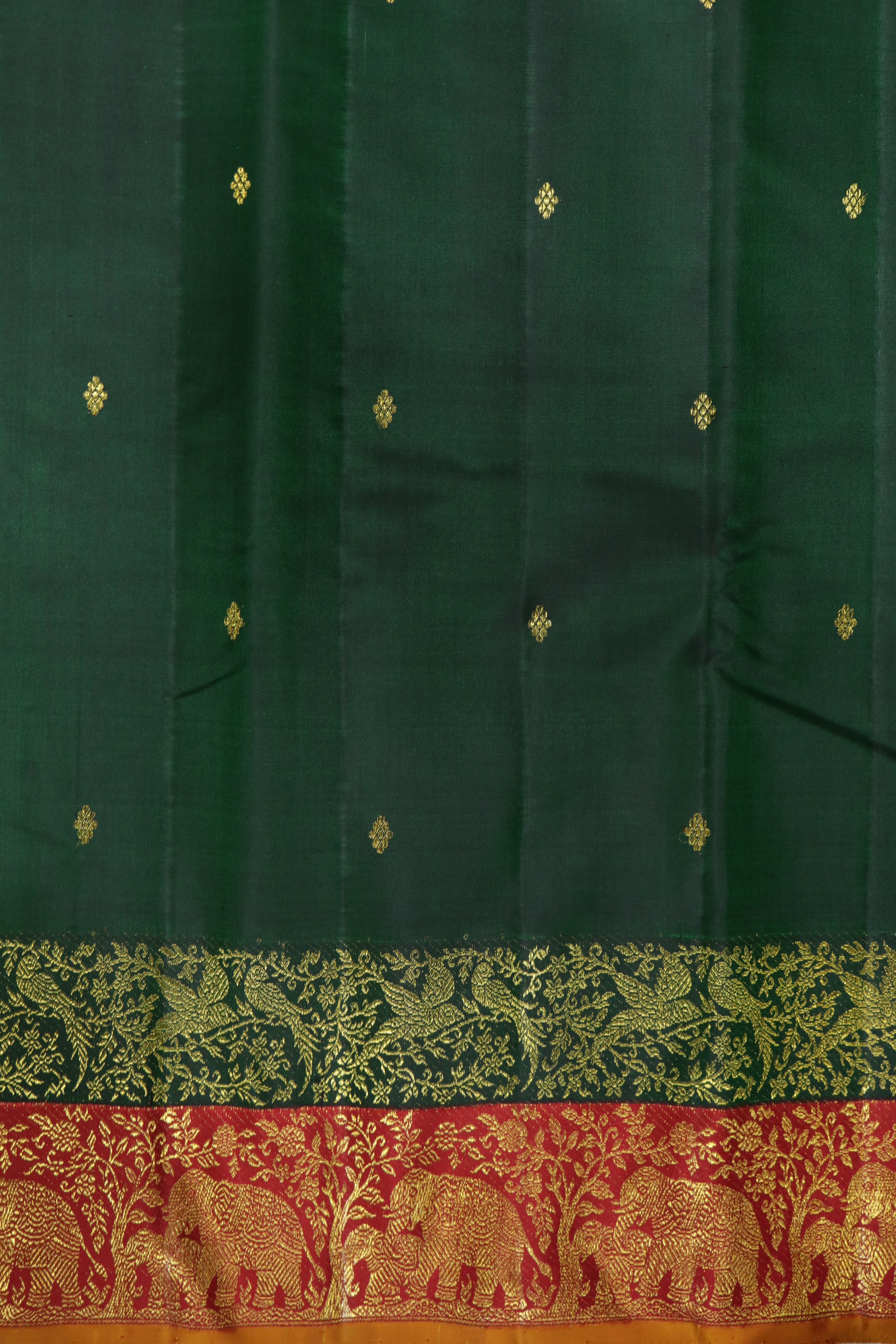 Bottle Green Kanchivaram Silk Saree with Gold Motifs and Elephant Contrast Border
