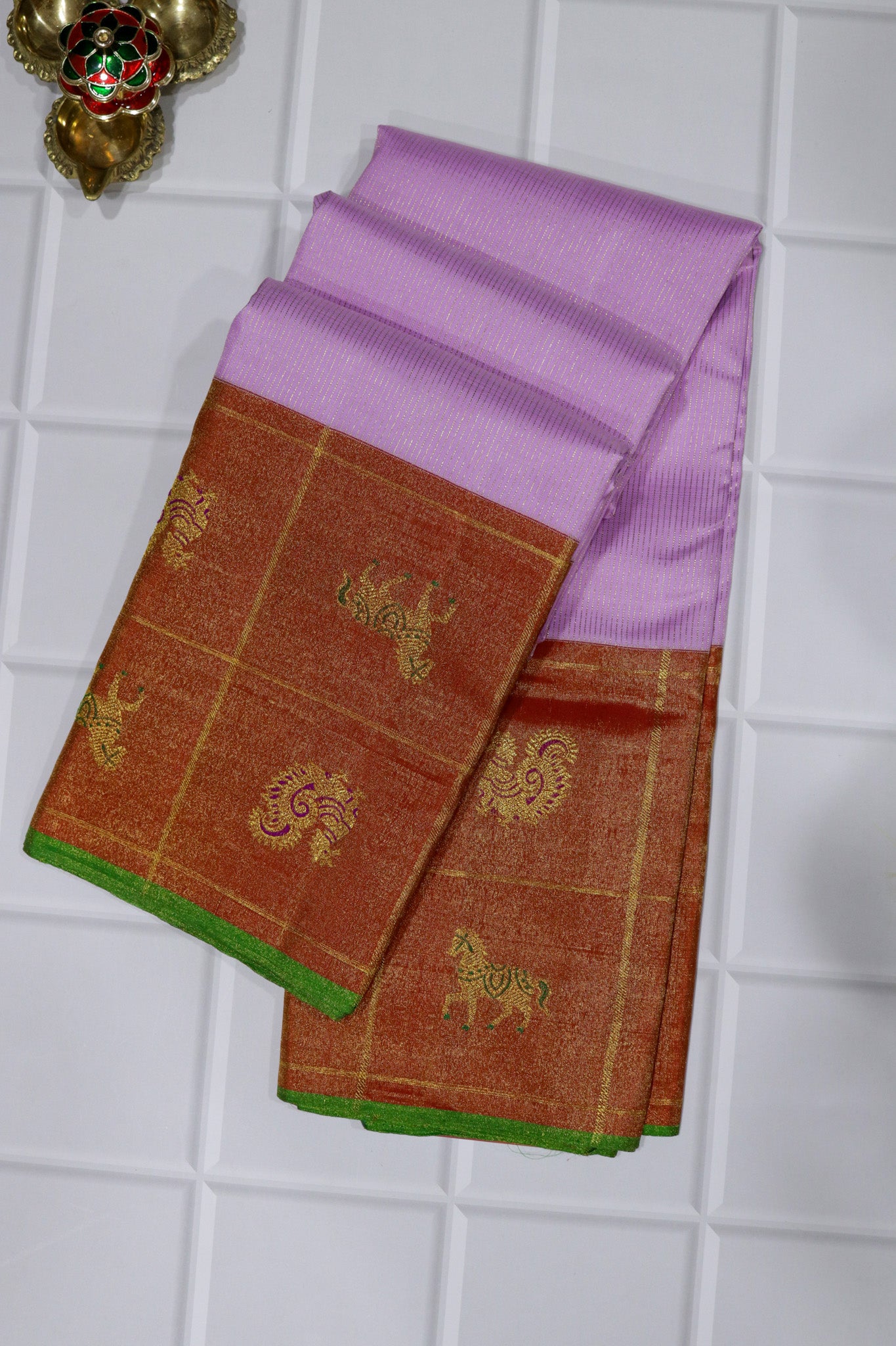 Lotus Pink Kanchivaram Silk Saree with Contrast Tissue Red Border