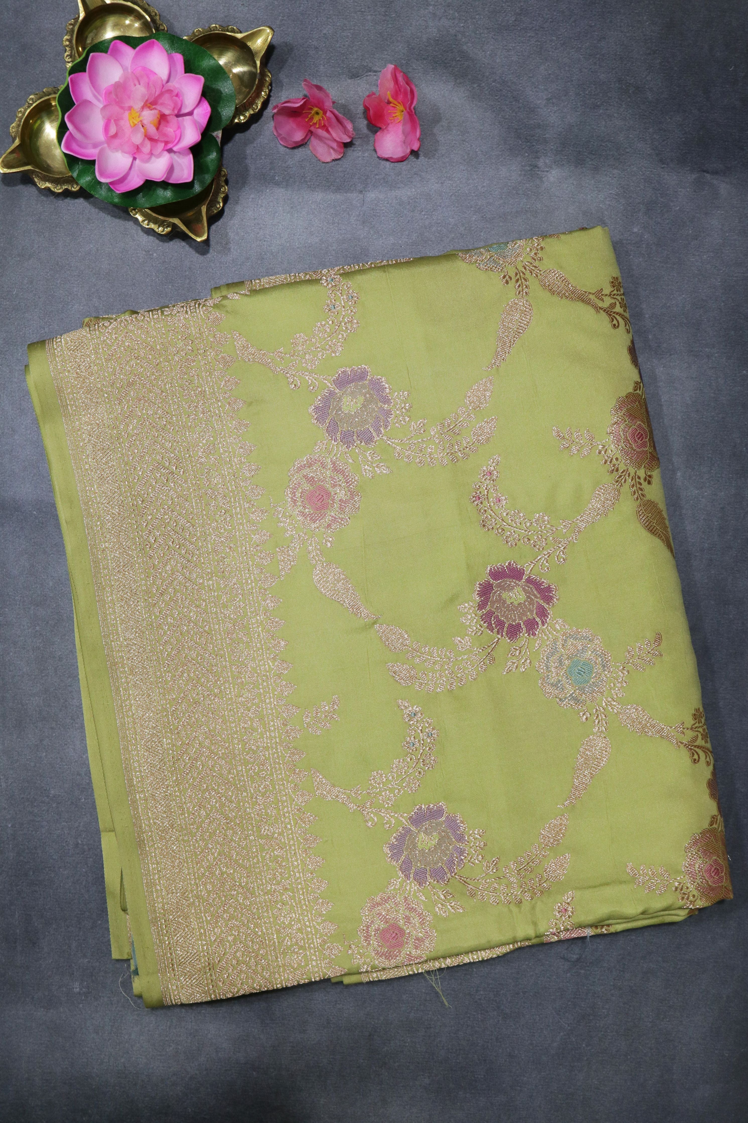 Pista Green Banarasi Silk Saree with Meenakari Jaal and Zari Border