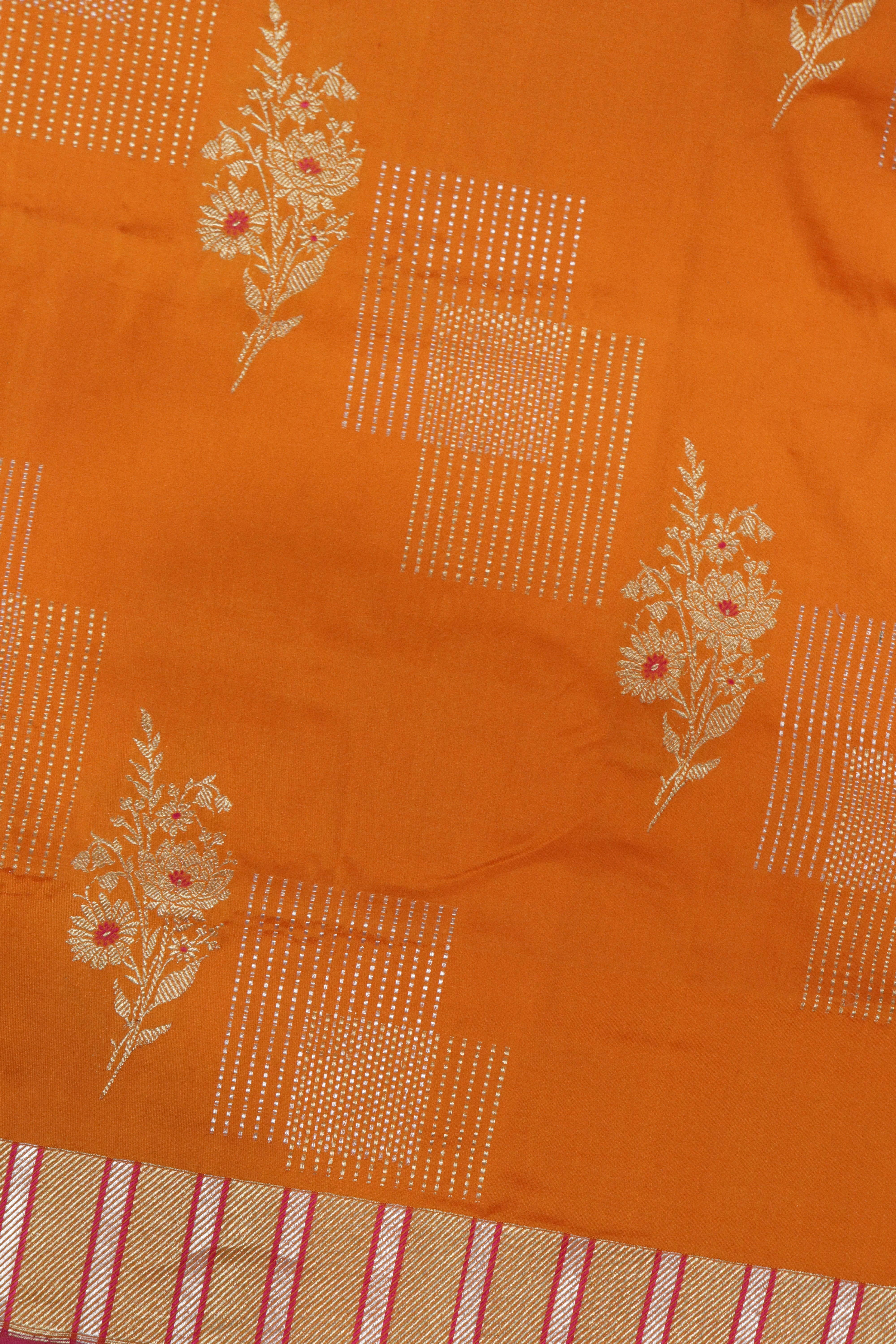 Orange Banarasi Silk Saree with Fancy Butta and Contrast Rangkat Zari Border
