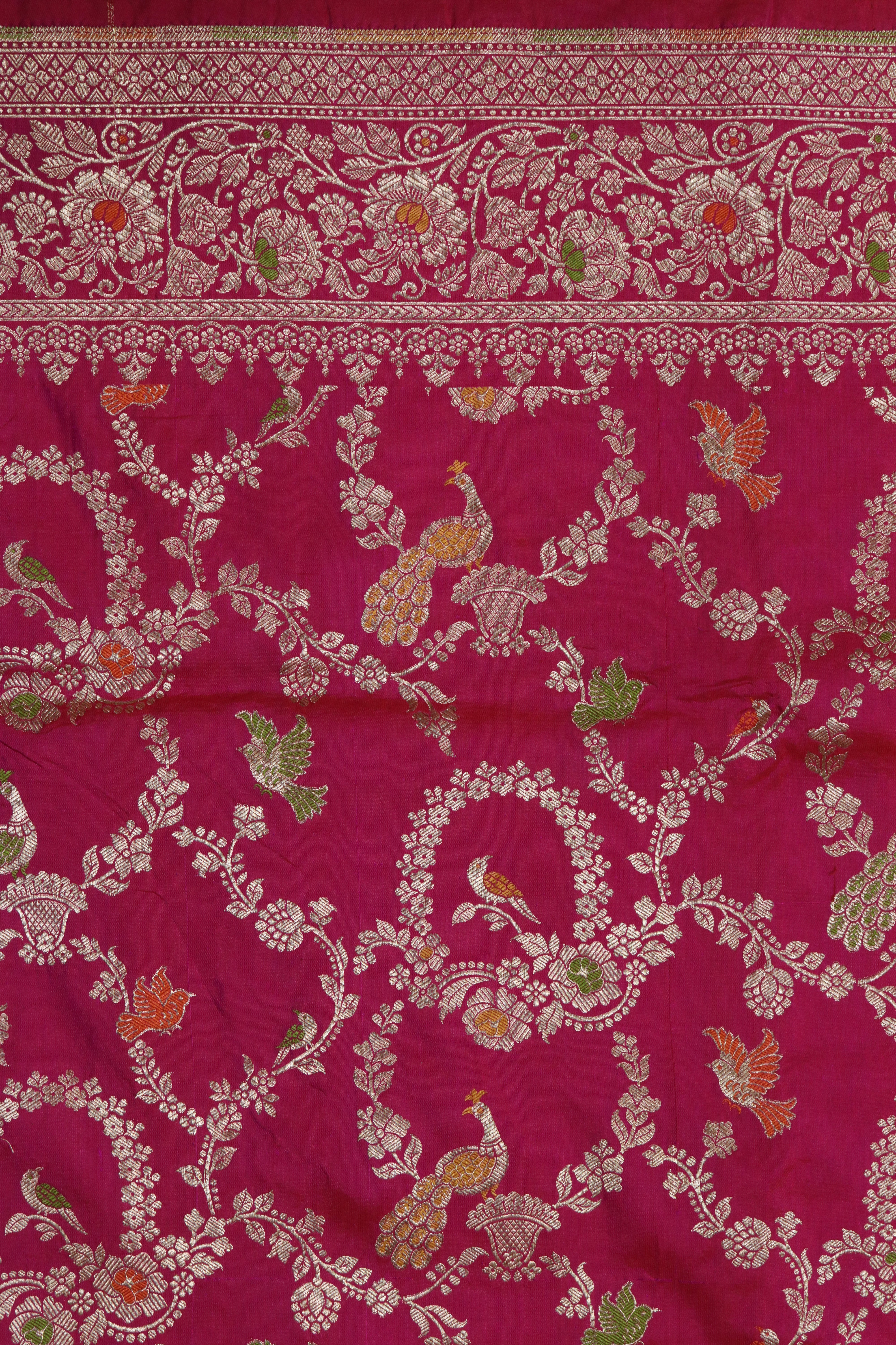 Rani Pink Banarasi Silk Saree with Meenakari Peacock Jaal and Zari Border