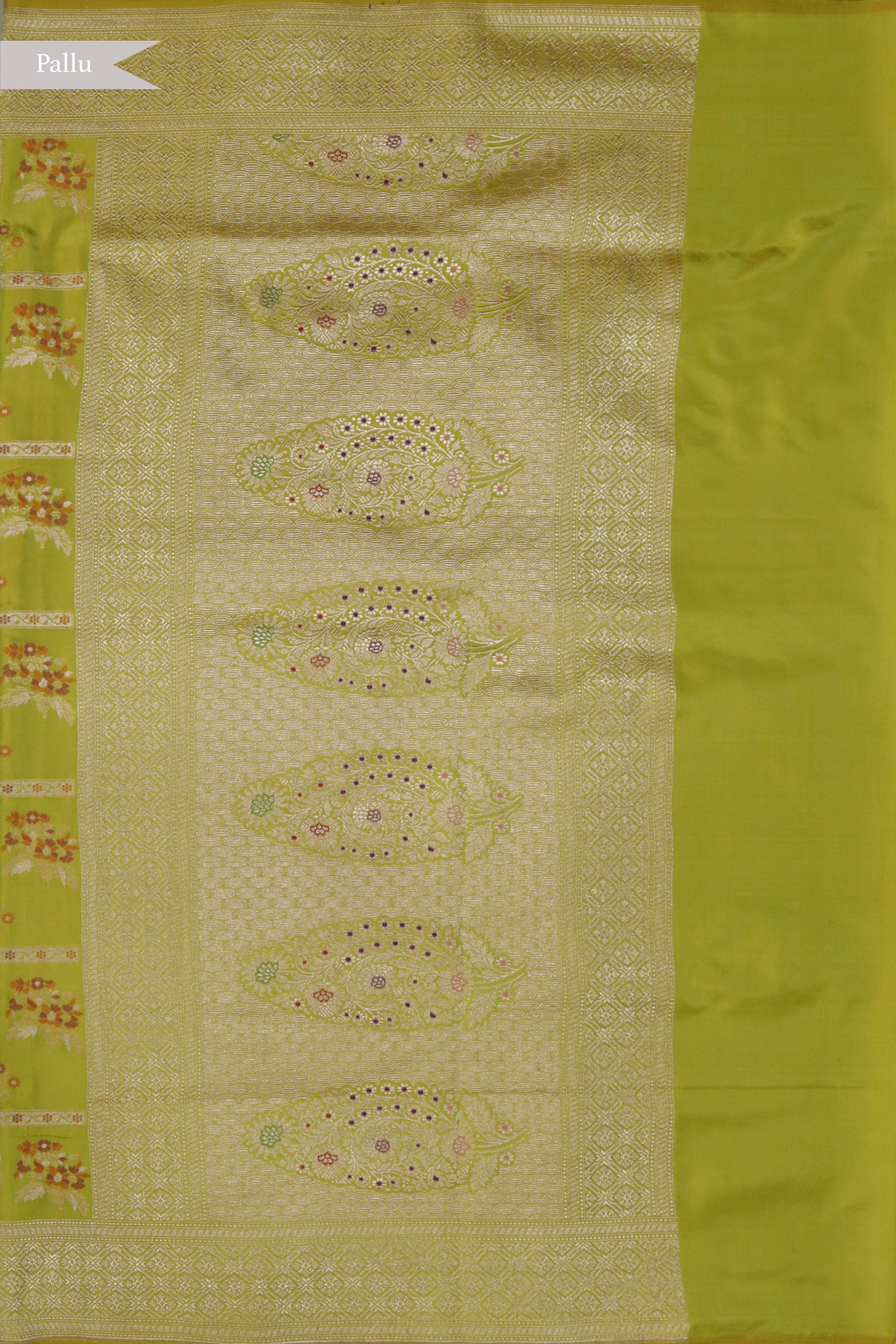 Lime Green Banarasi Silk Saree with Meenakari Floral Jaal and Zari Border