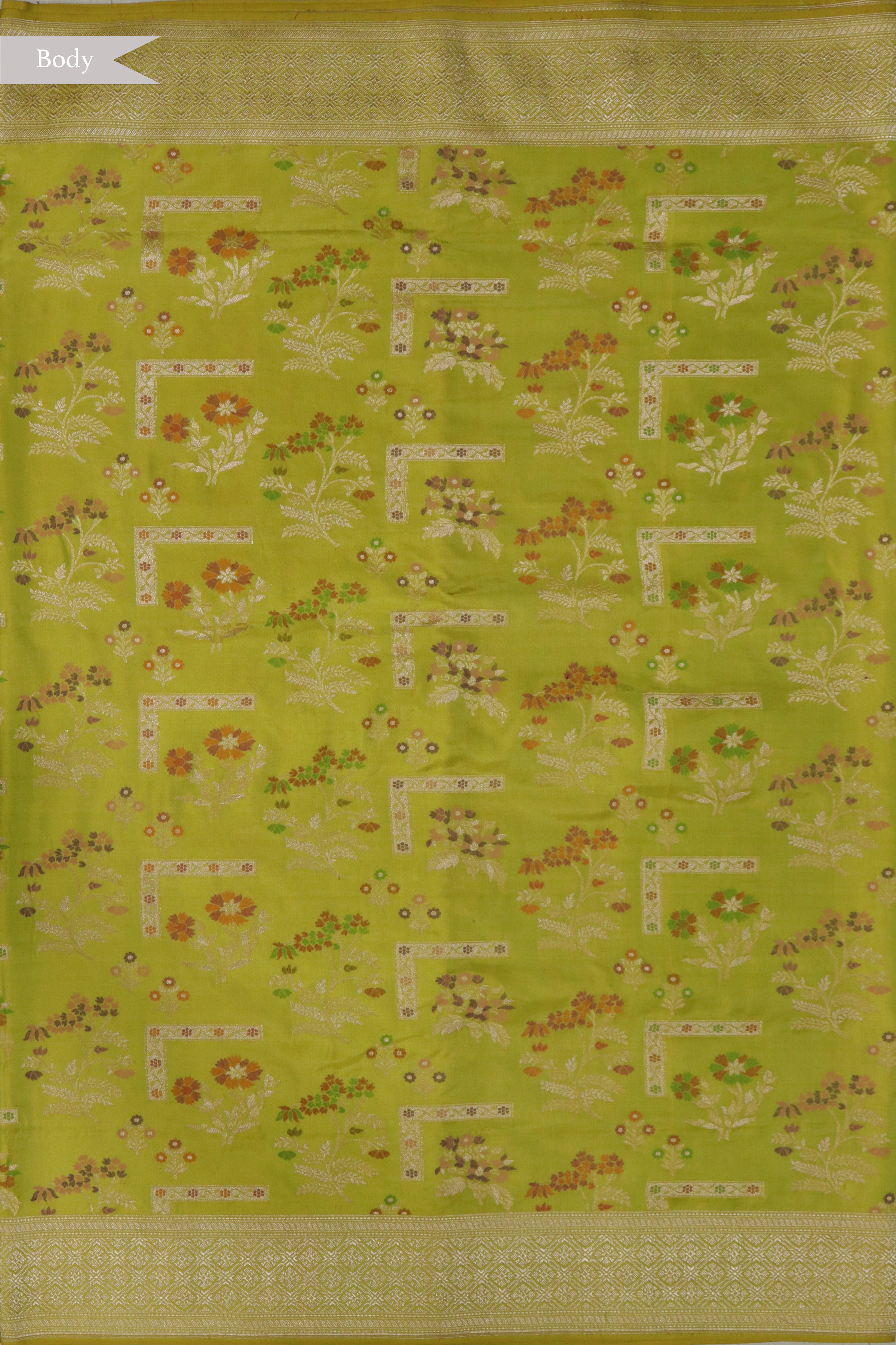 Lime Green Banarasi Silk Saree with Meenakari Floral Jaal and Zari Border