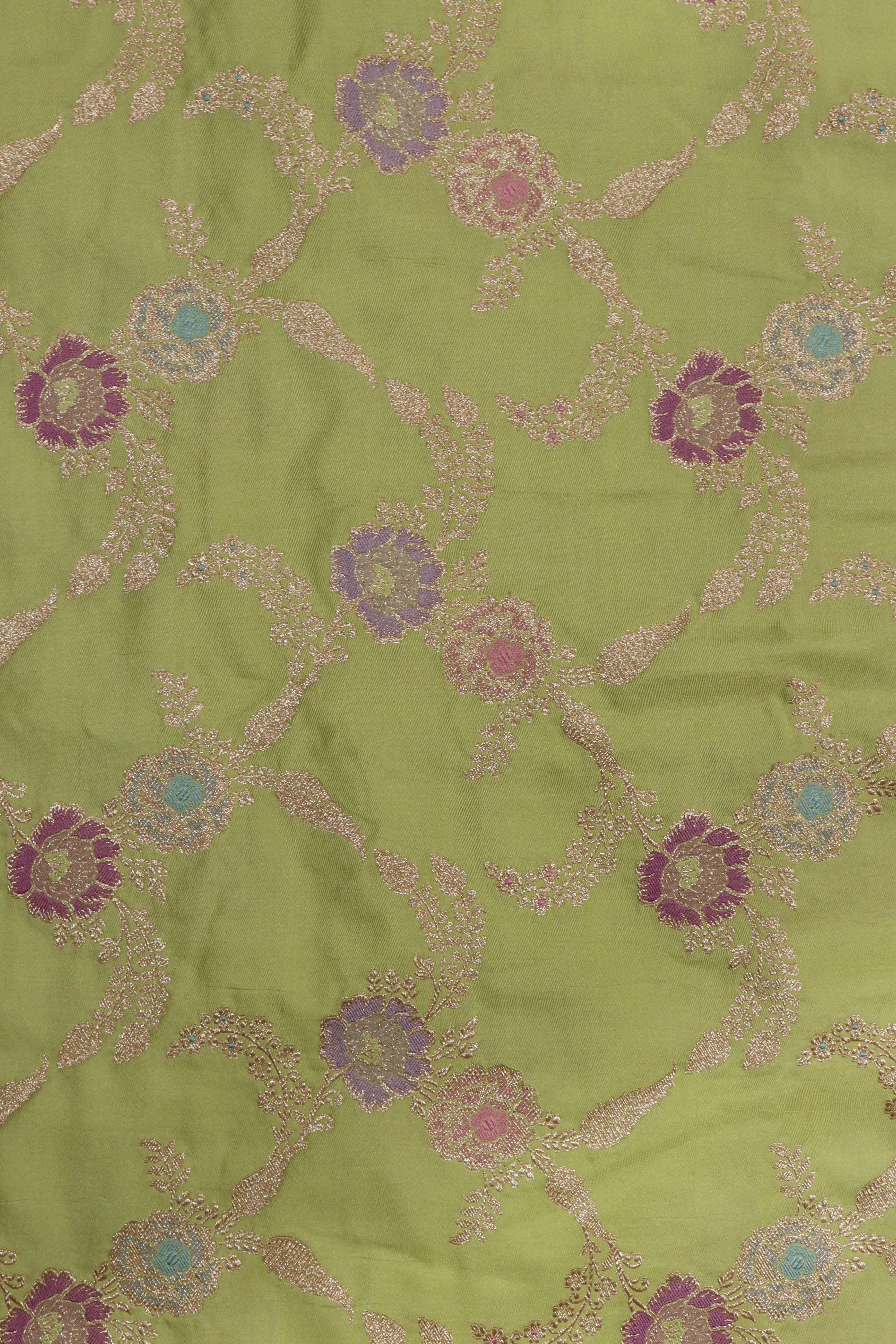 Pista Green Banarasi Silk Saree with Meenakari Jaal and Zari Border
