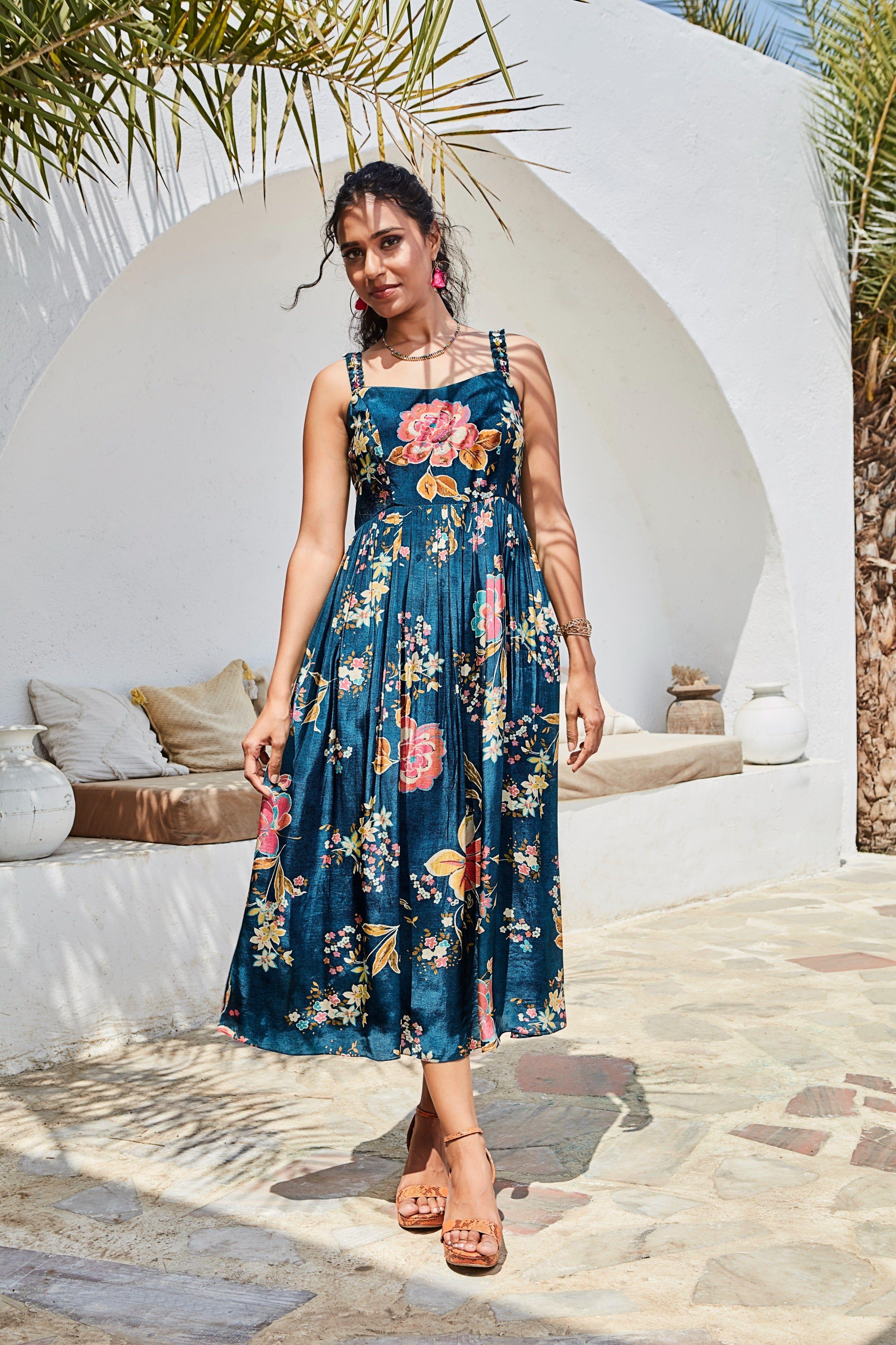 Teal Blue Floral Printed Strappy Dress - Mokshaa