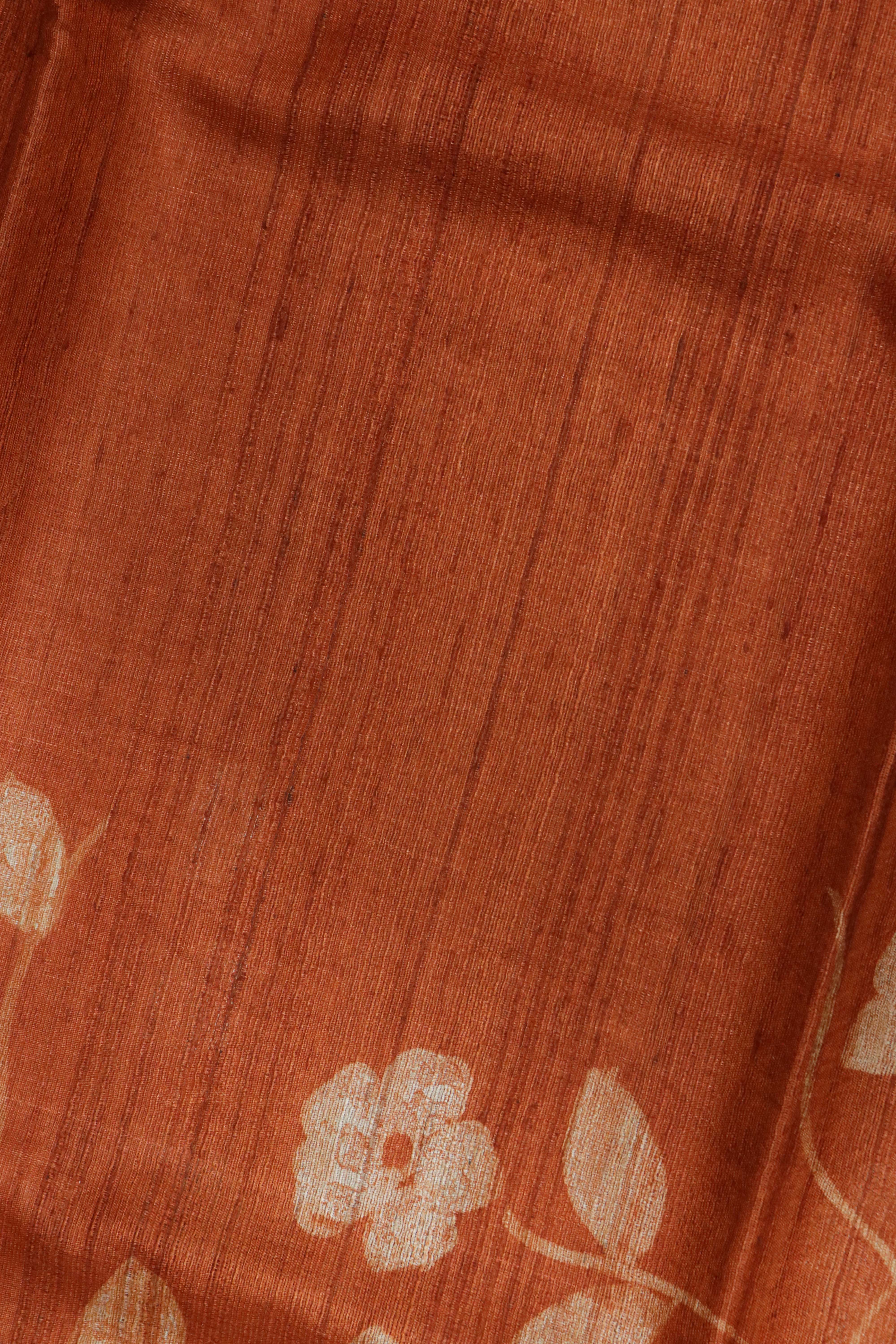 Rust Floral Tussar Silk Saree