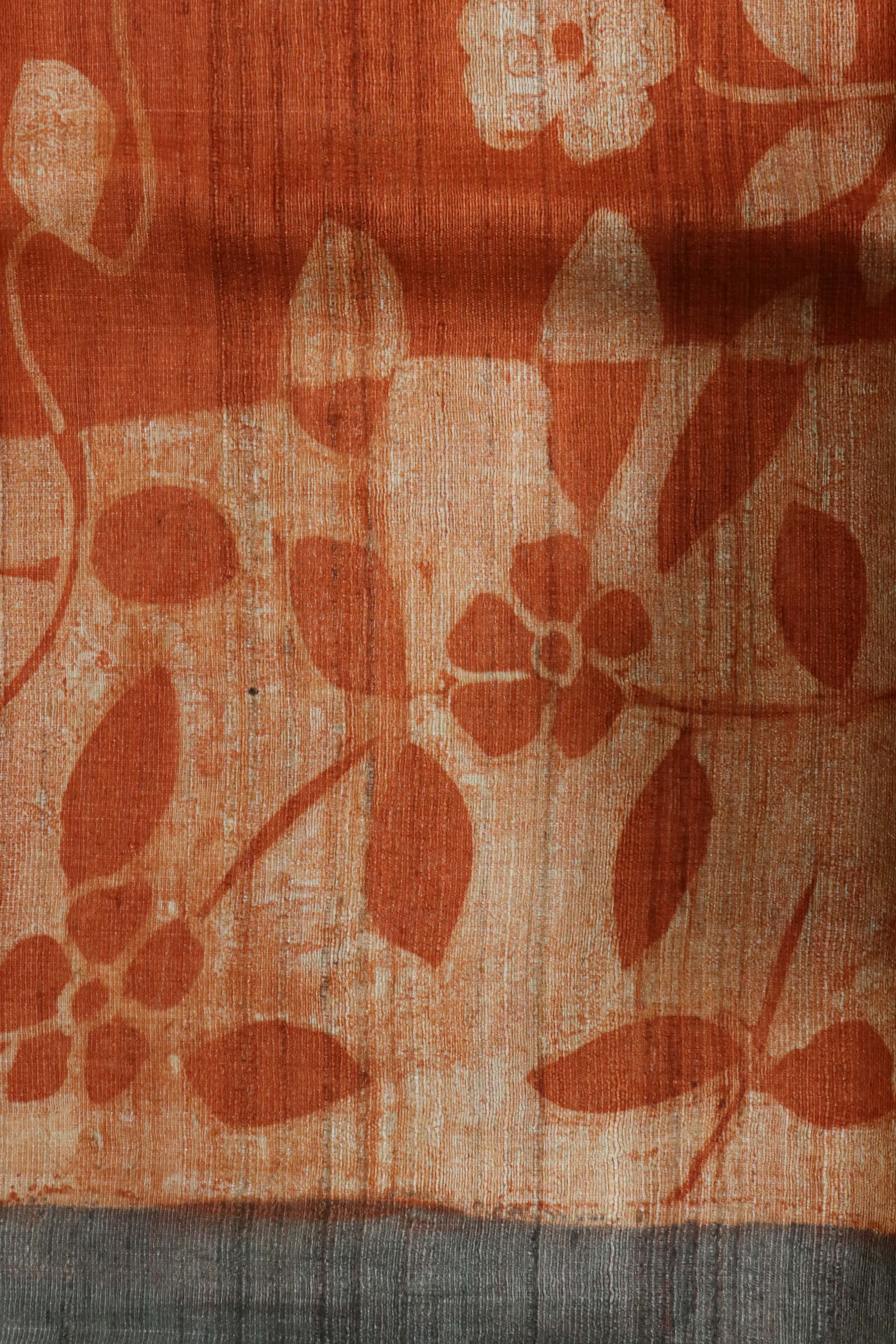 Rust Floral Tussar Silk Saree