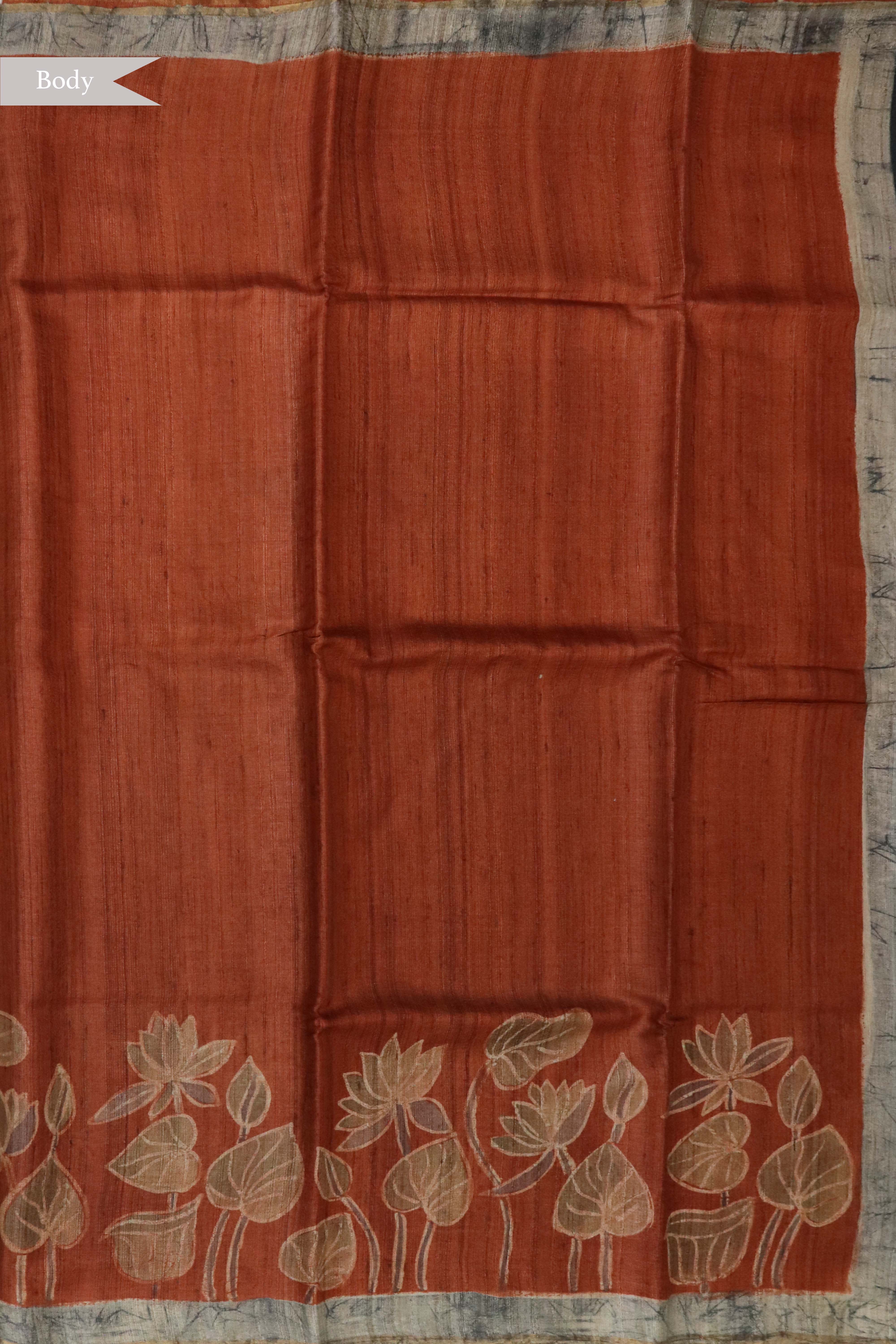 Rust Lotus Print Tussar Silk Saree