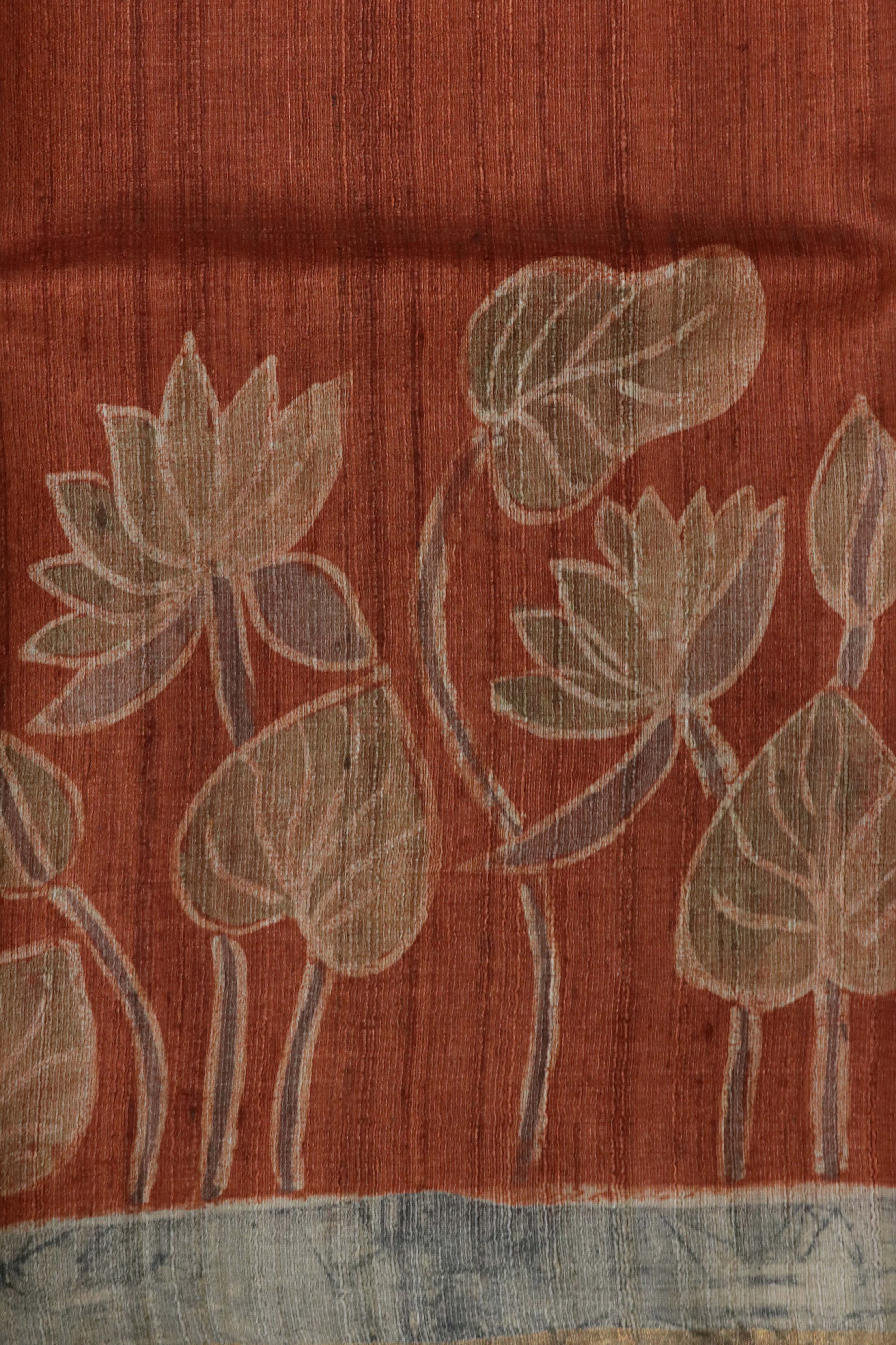 Rust Lotus Print Tussar Silk Saree