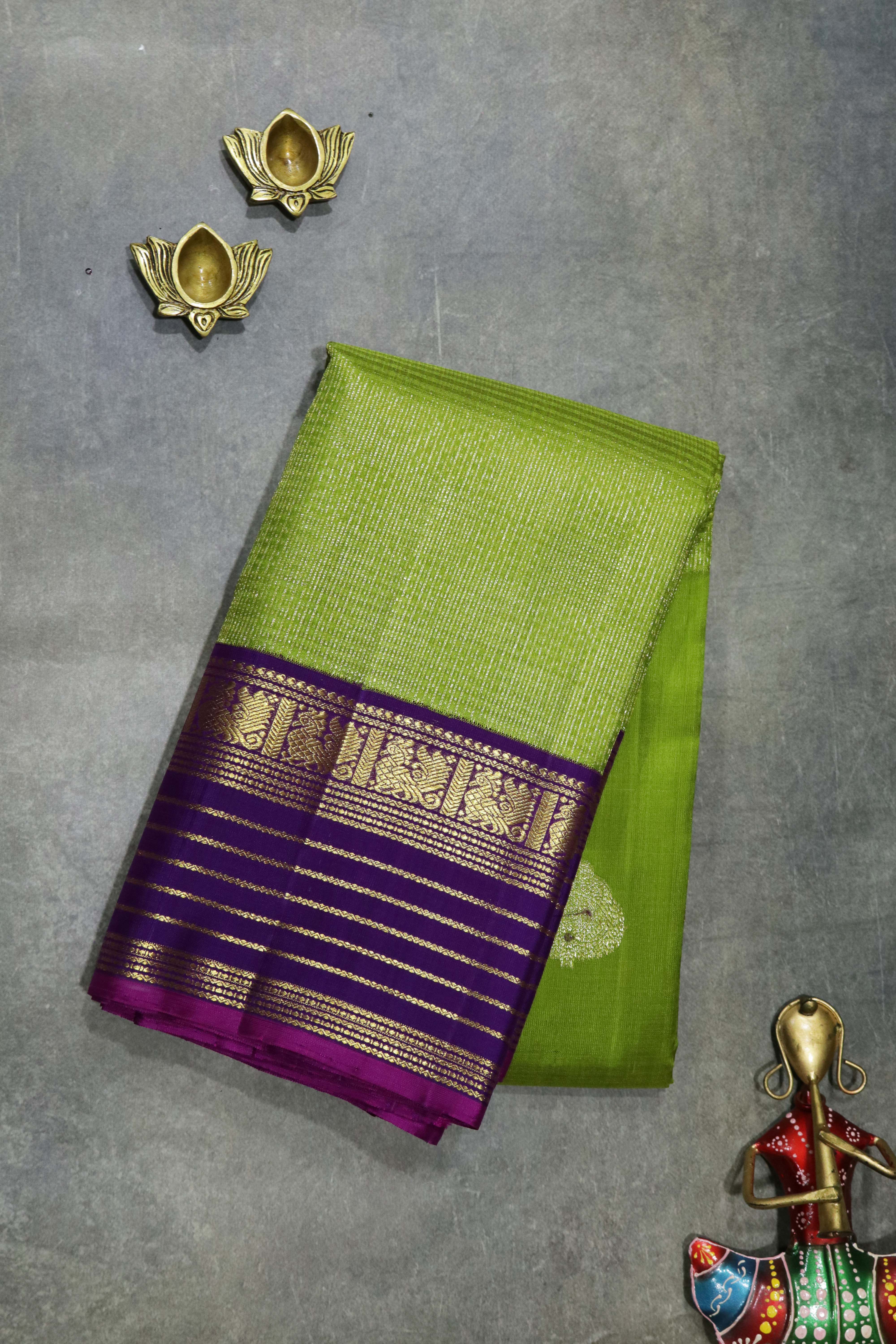 Parrot Green Kanchivaram Kora Saree