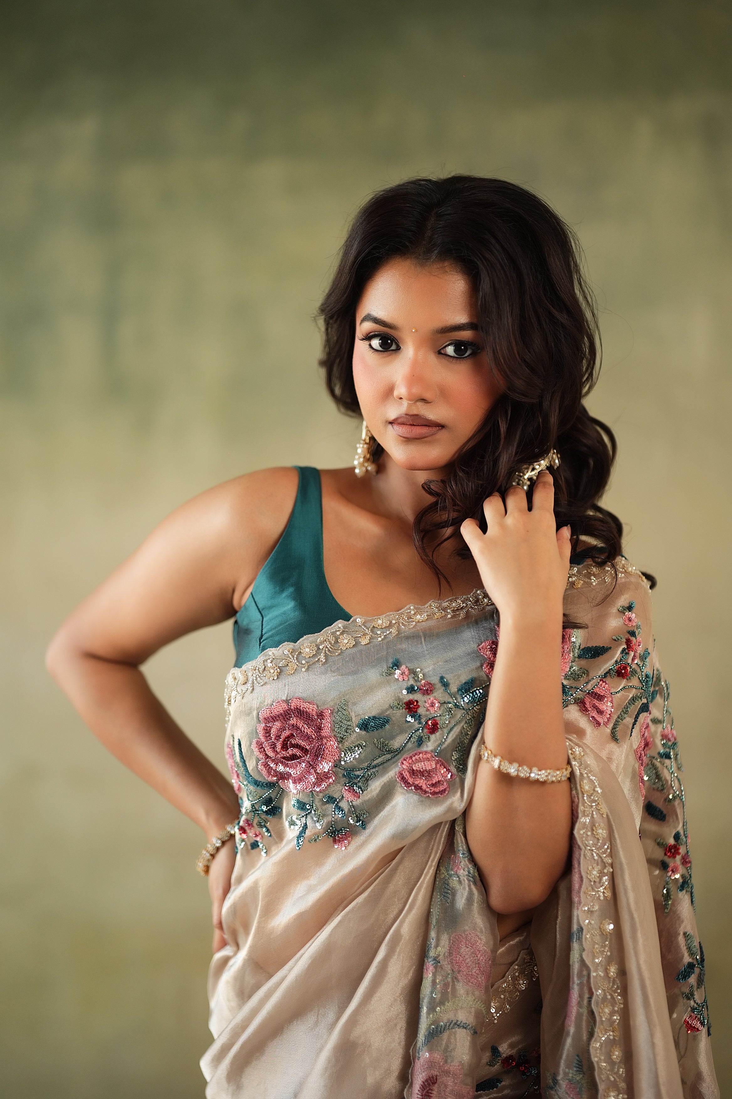 Rose Gold Tissue Organza Saree with Floral Sequin Border - Mokshaa