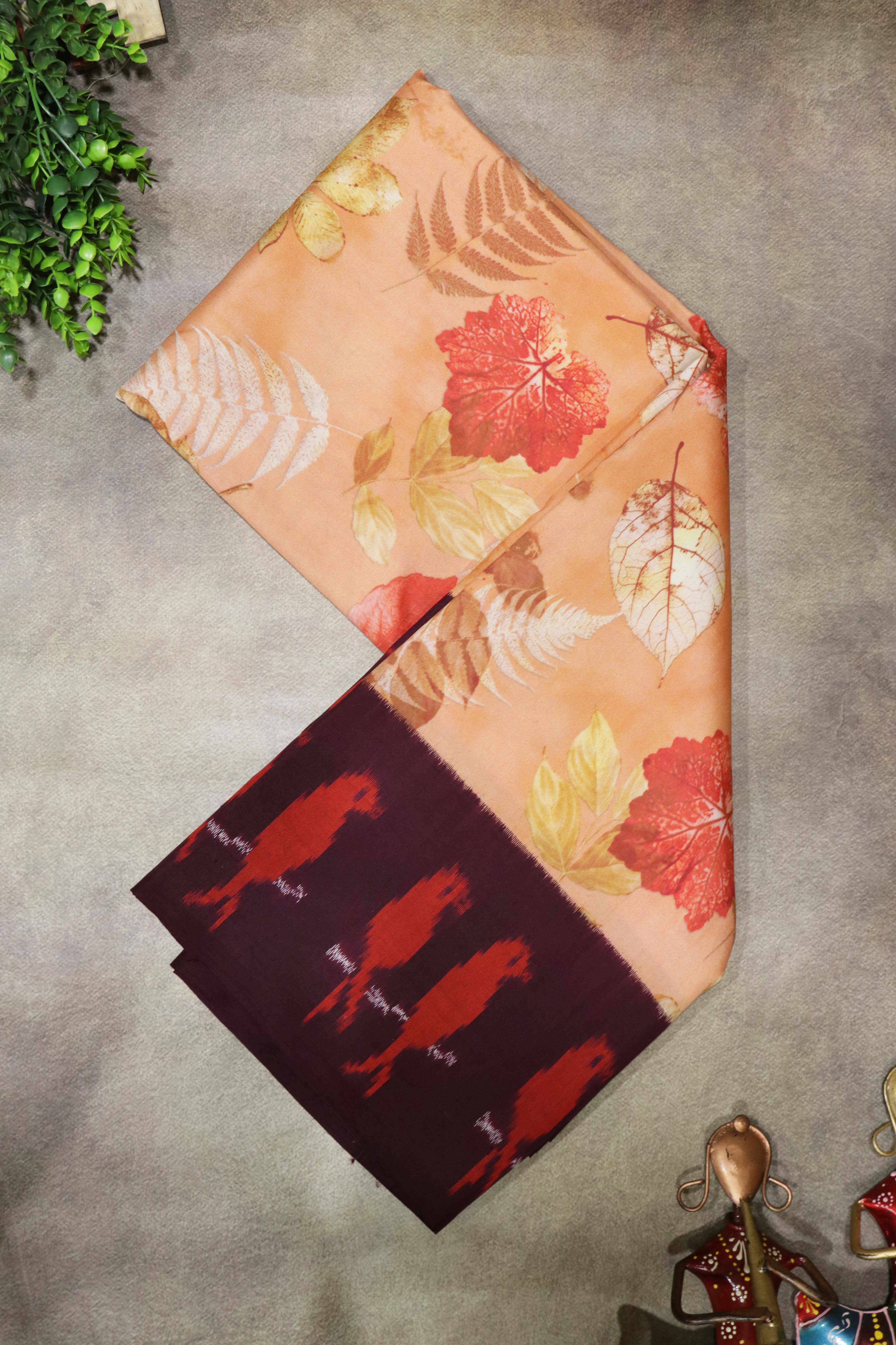 Orange Printed Silk Saree with Ikat Border