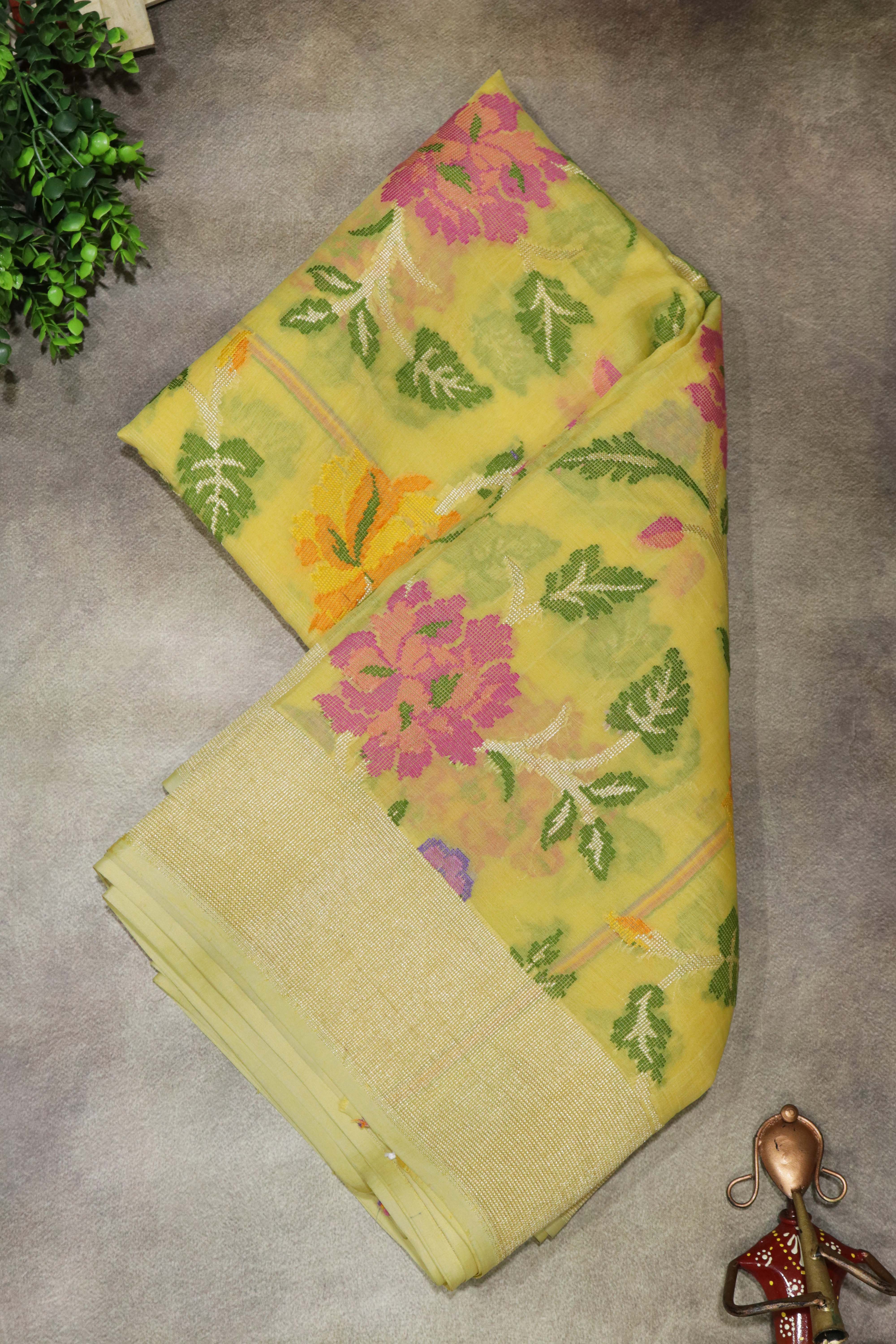 Yellow Banarasi Kora Silk Jamdani Saree