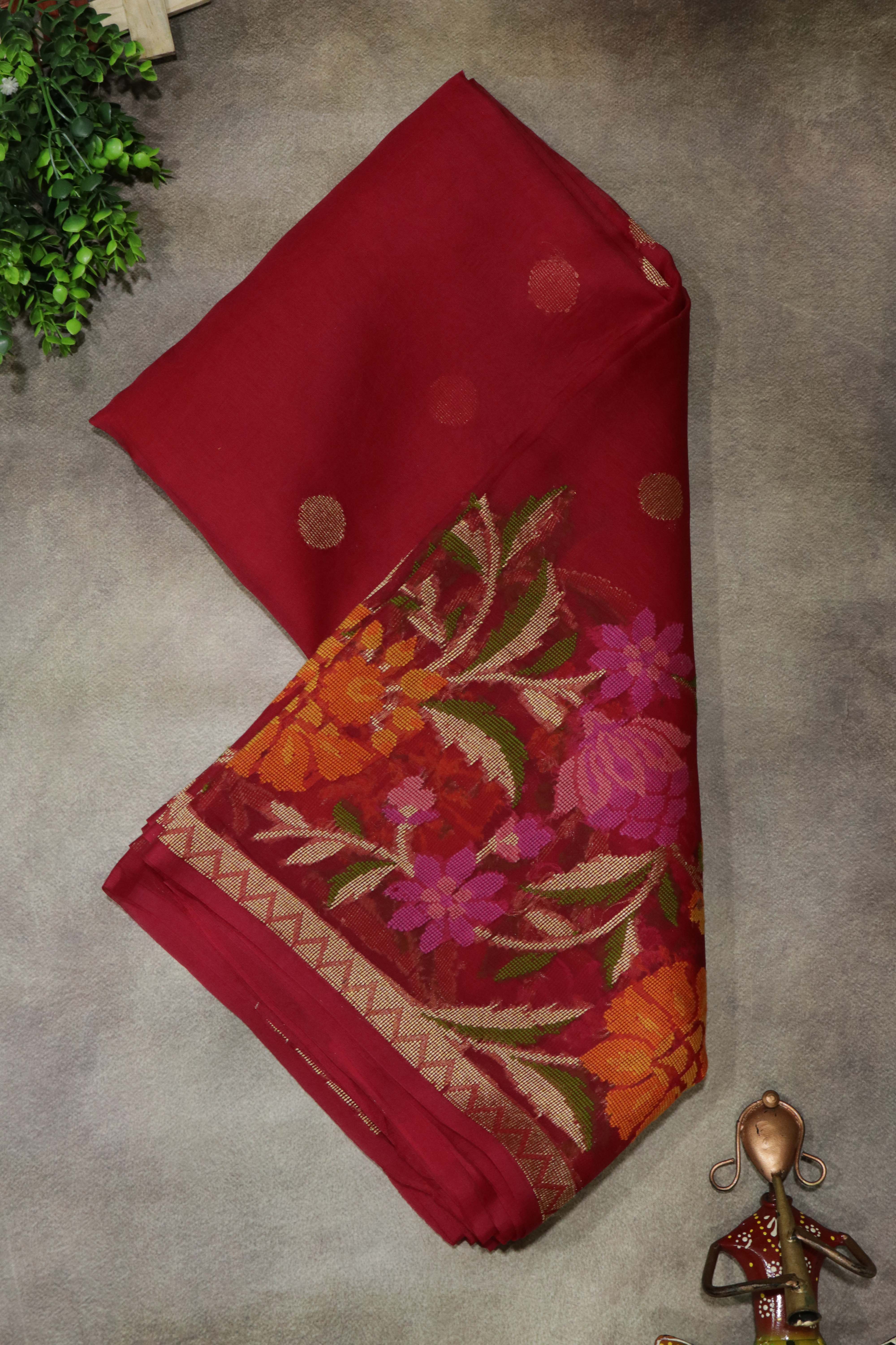 Rust Banarasi Kora Silk Saree