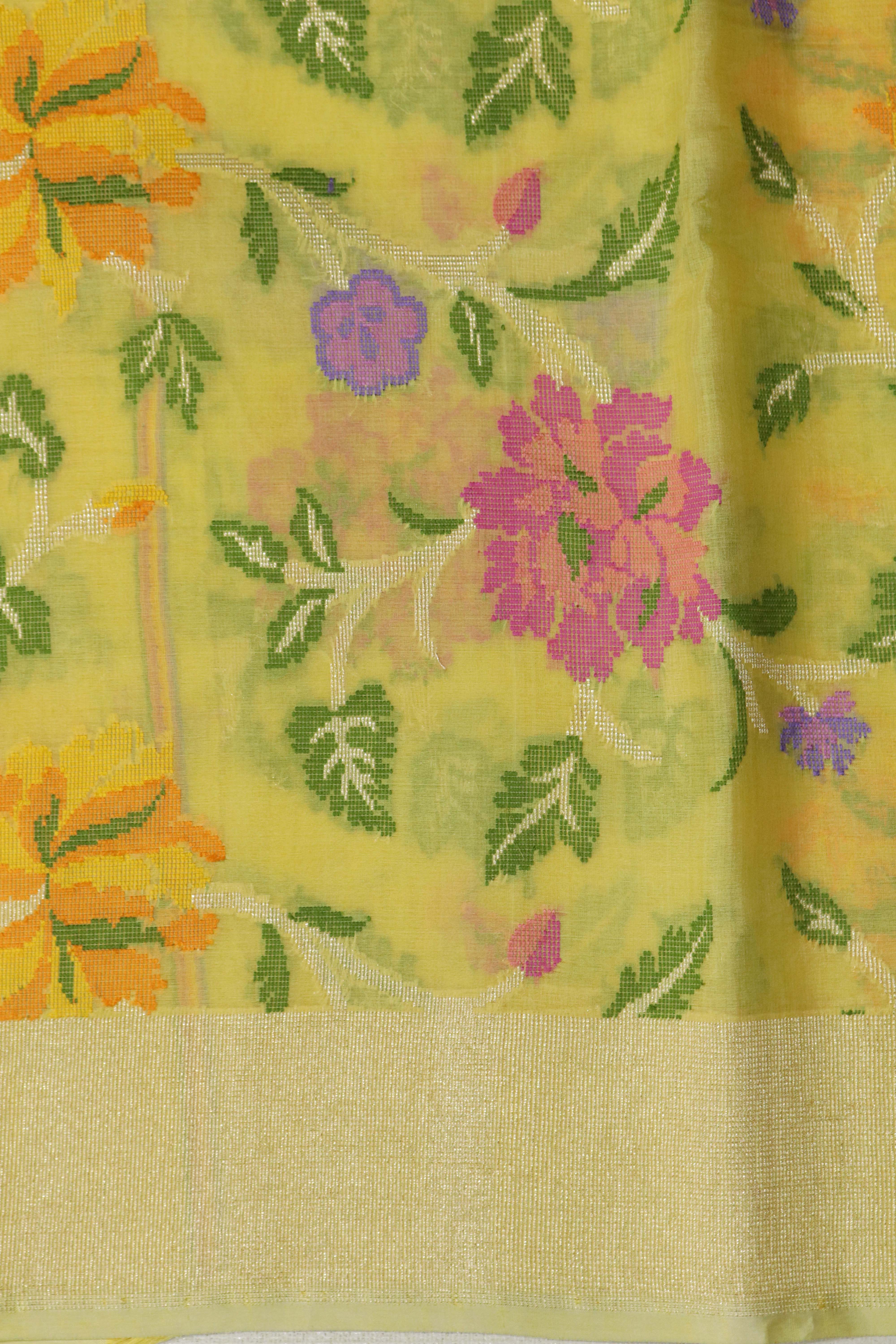 Yellow Banarasi Kora Silk Jamdani Saree