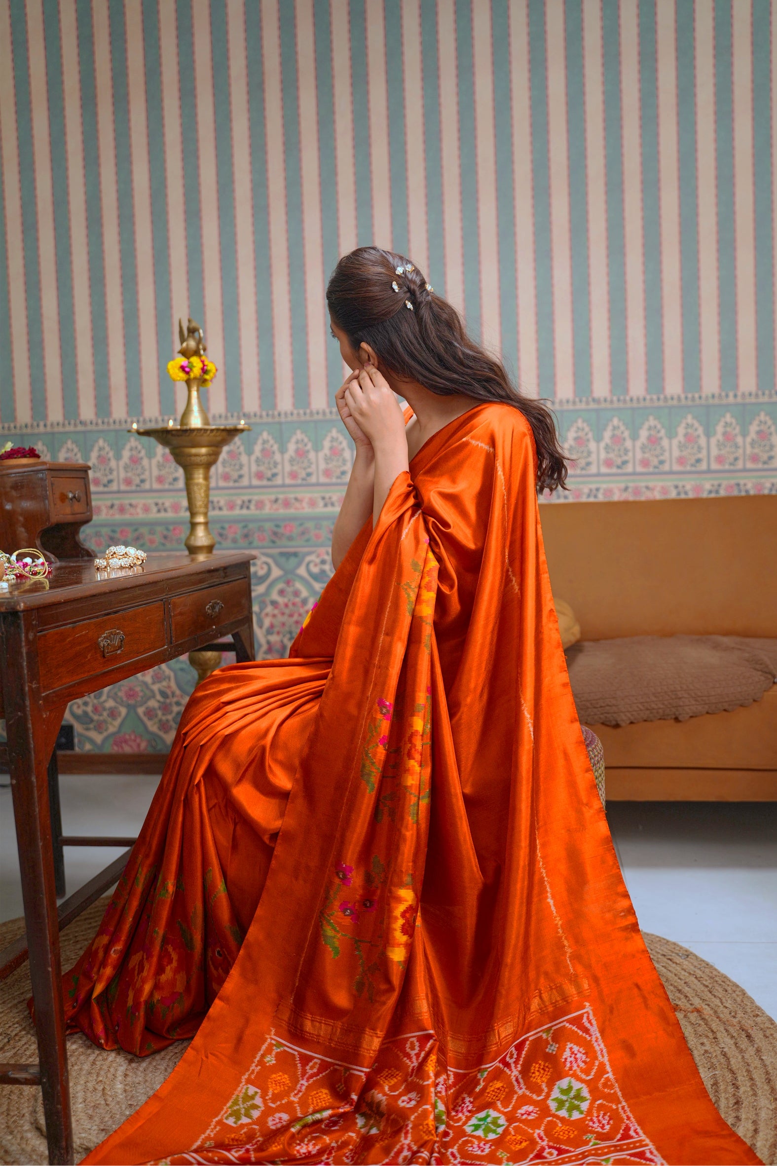 Orange Twill Silk Saree with Patola Weaving