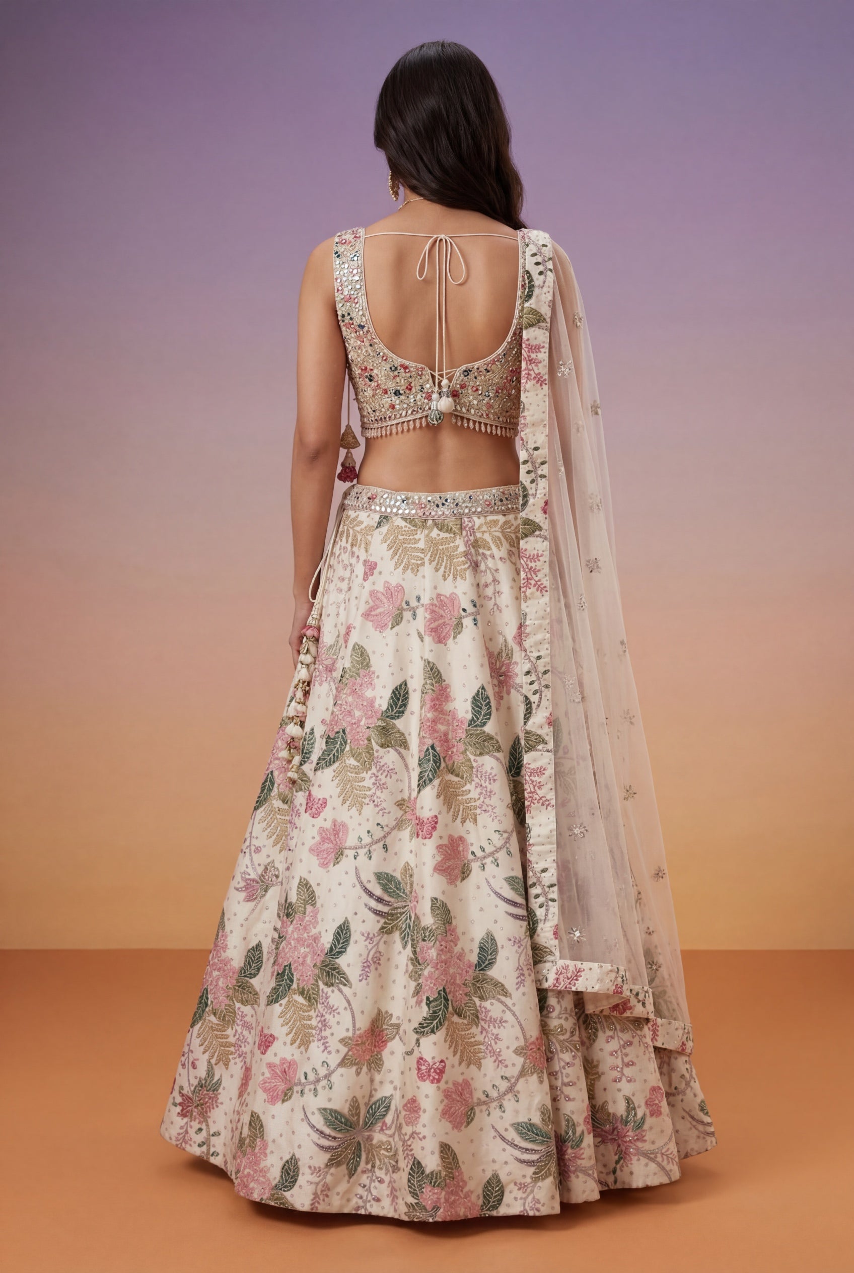 Ivory Floral Printed Raw Silk Lehenga