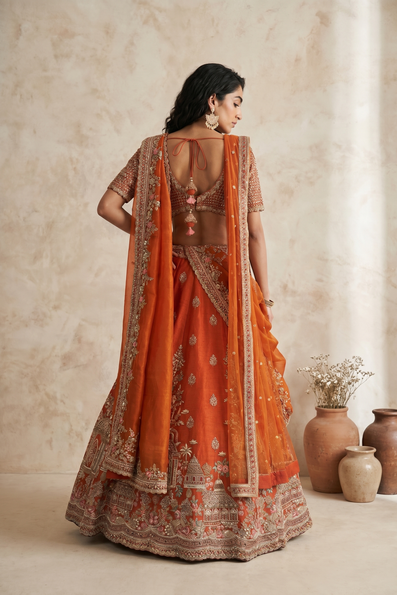 Rust Orange Raw Silk Lehenga