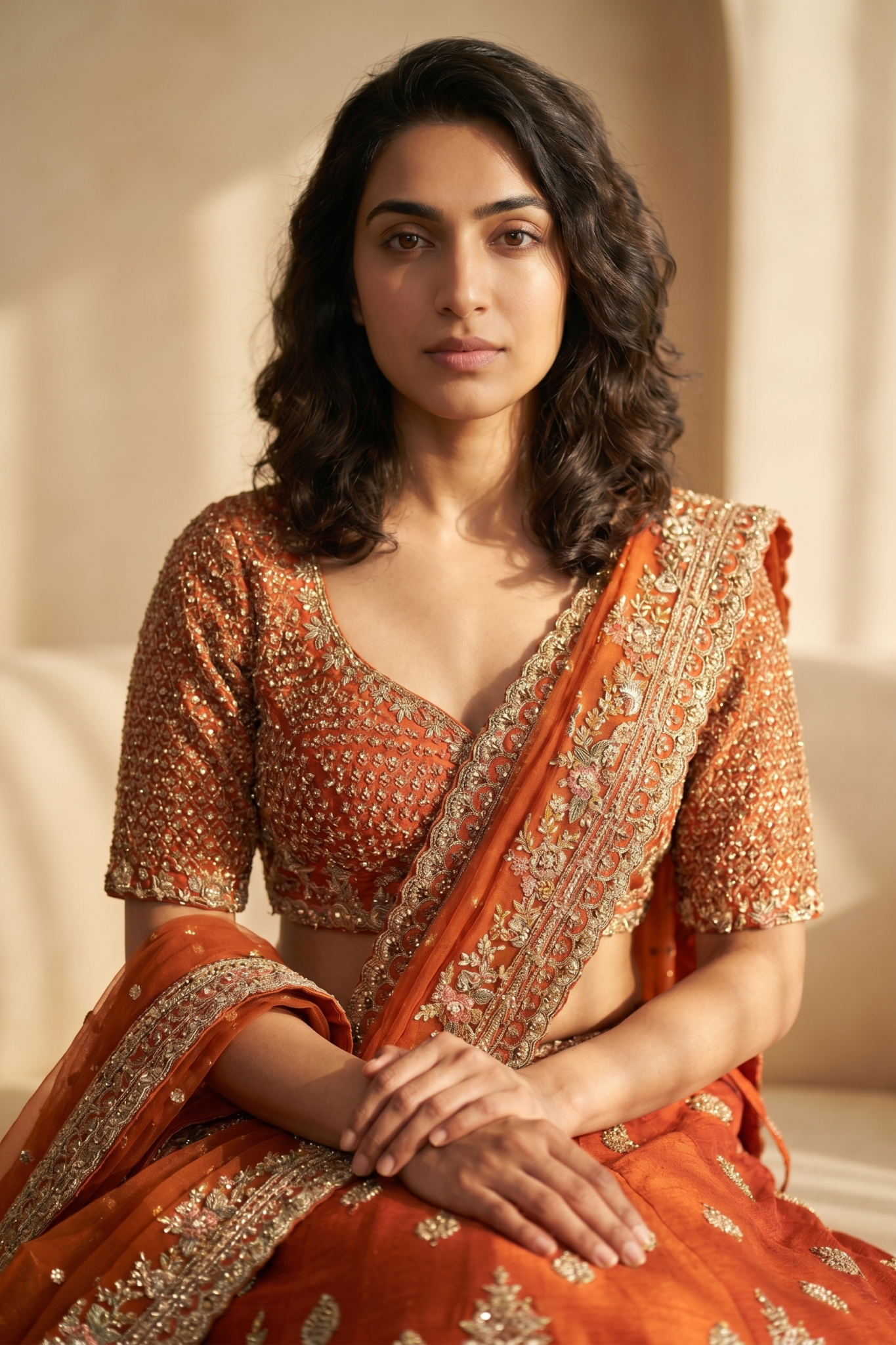 Rust Orange Raw Silk Lehenga