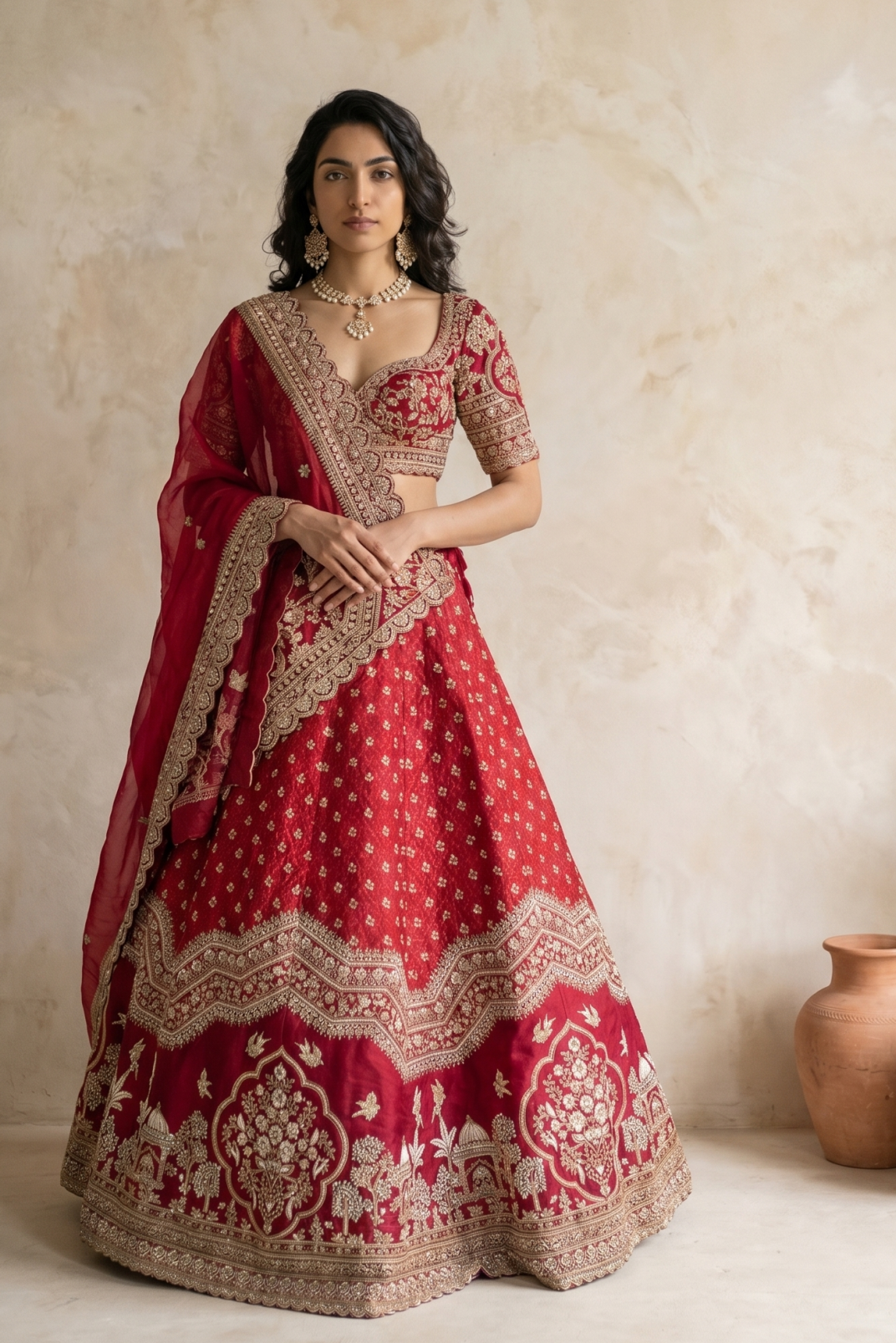 Red Silk Lehenga Set with Thread and Pearl Embroidery