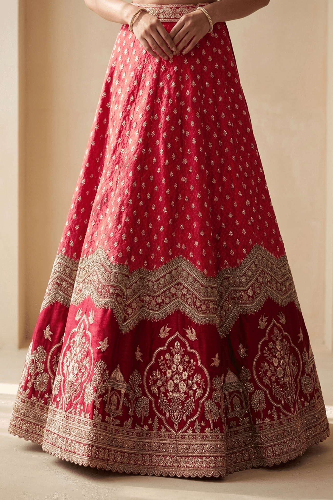 Red Silk Lehenga Set with Thread and Pearl Embroidery