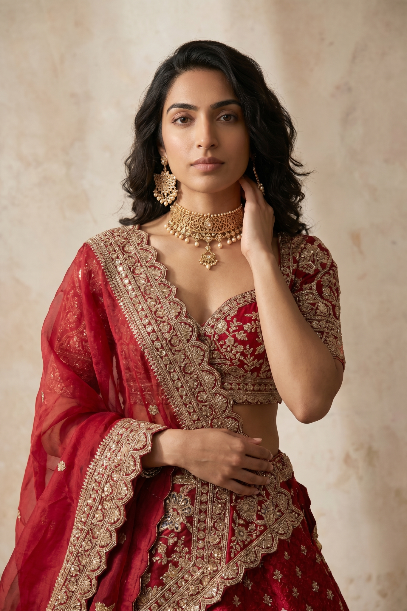 Red Silk Lehenga Set with Thread and Pearl Embroidery