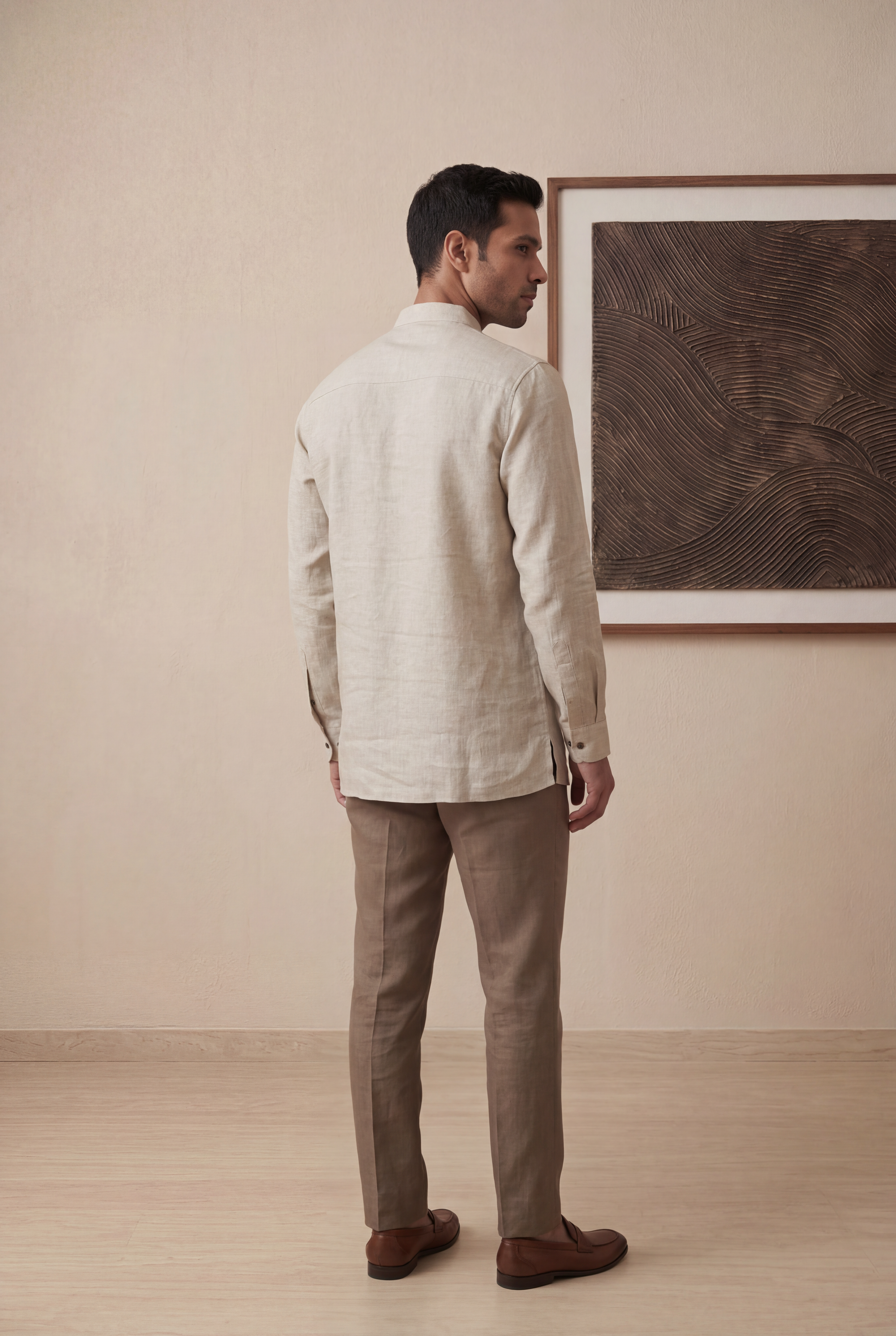 Beige Linen Chinese Collar Short Kurta