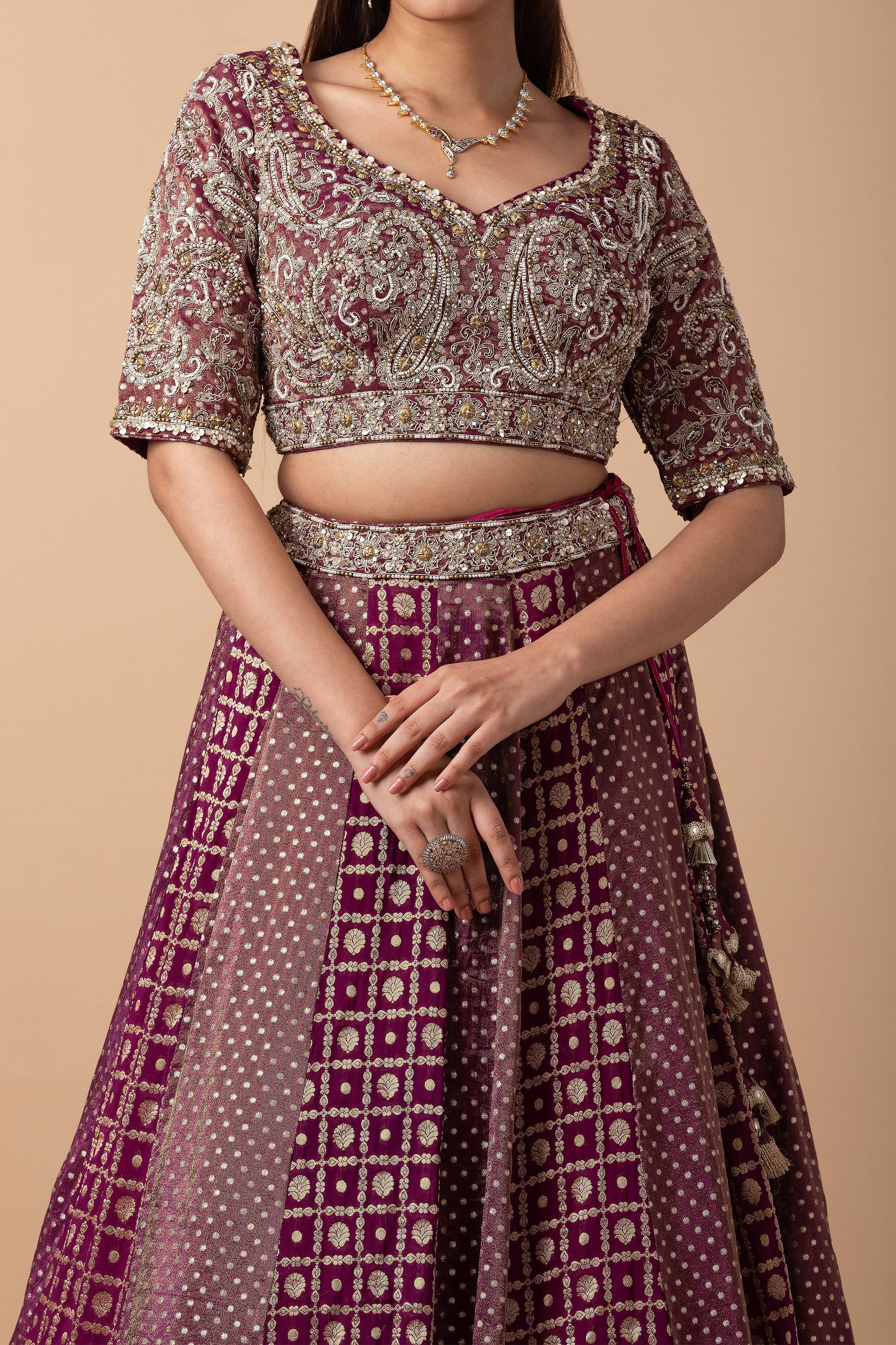 Deep Wine Banarasi silk Lehenga Set - Mokshaa