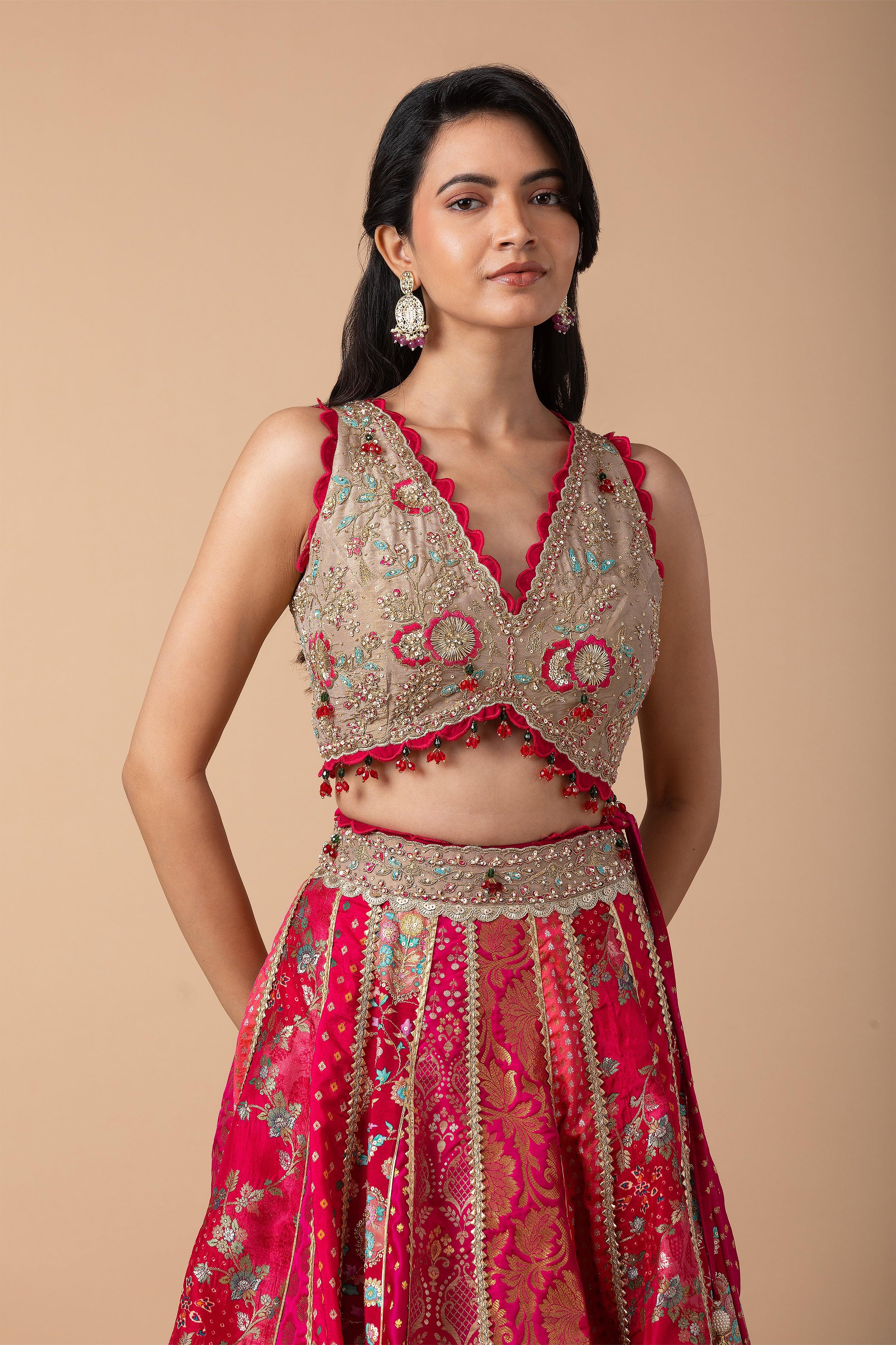 Fuchsia Pink and Gold Patchwork Banarasi Lehenga Set - Mokshaa