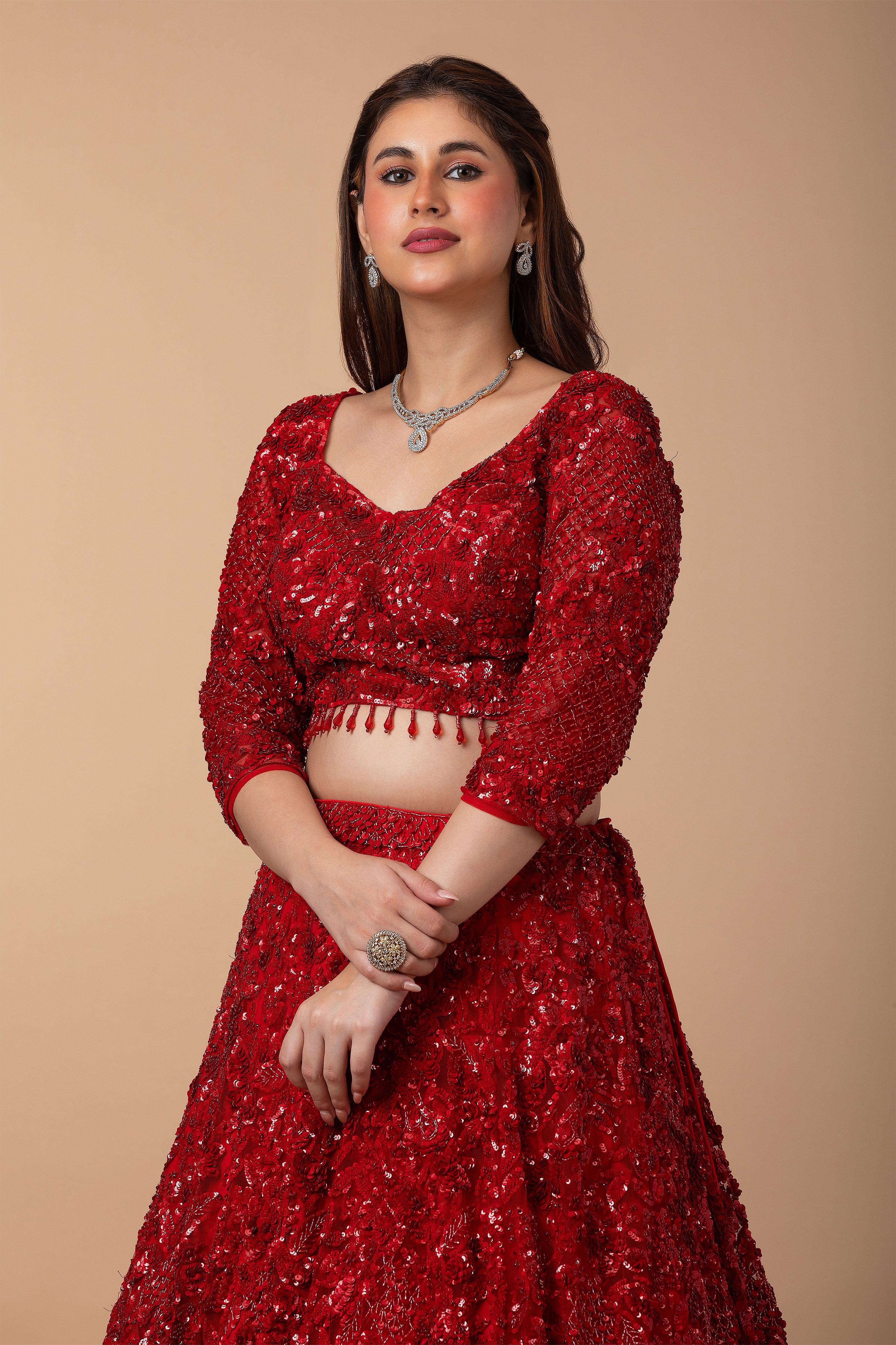 Scarlet Red Net Lehenga set - Mokshaa