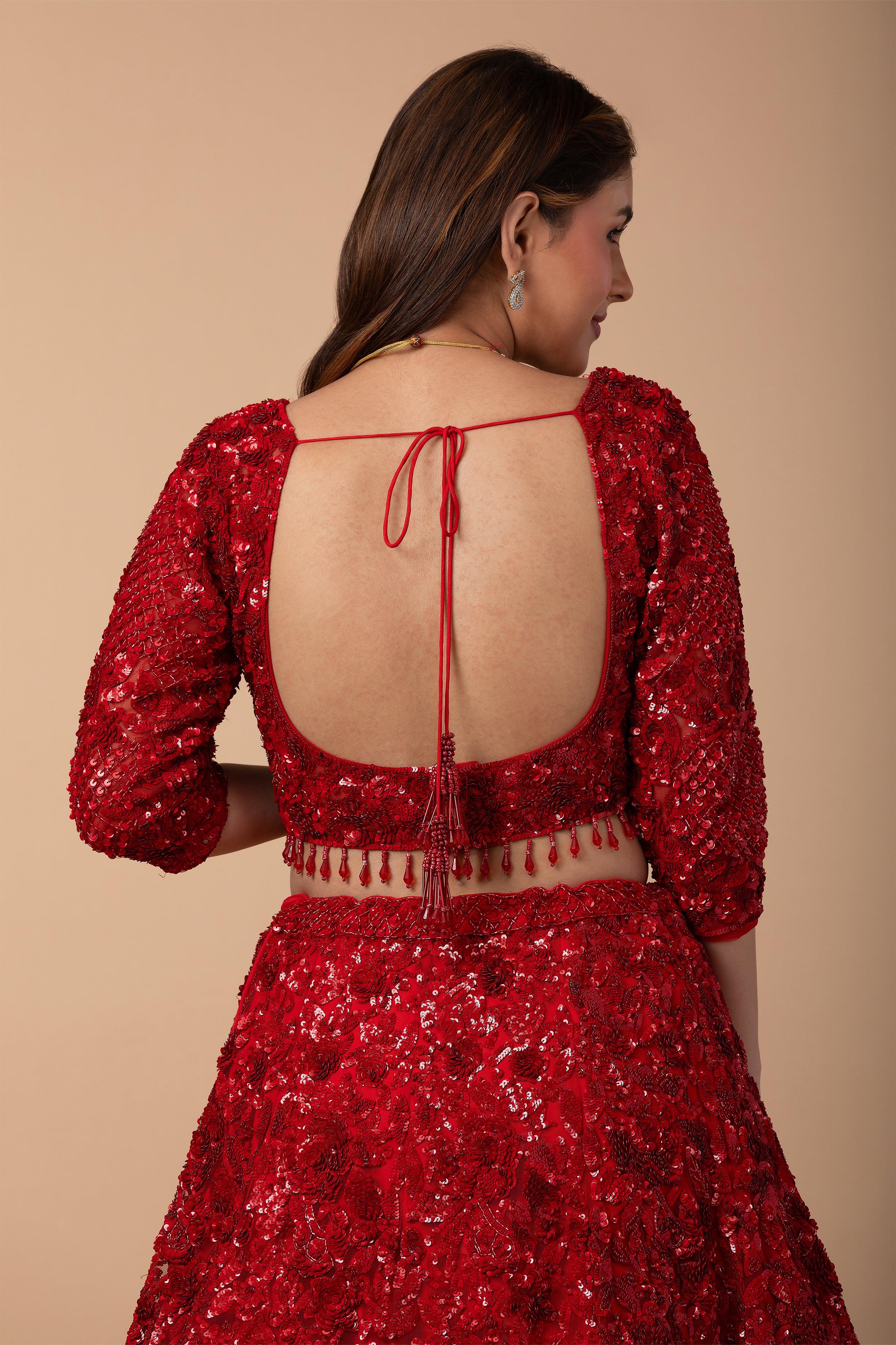 Scarlet Red Net Lehenga set - Mokshaa