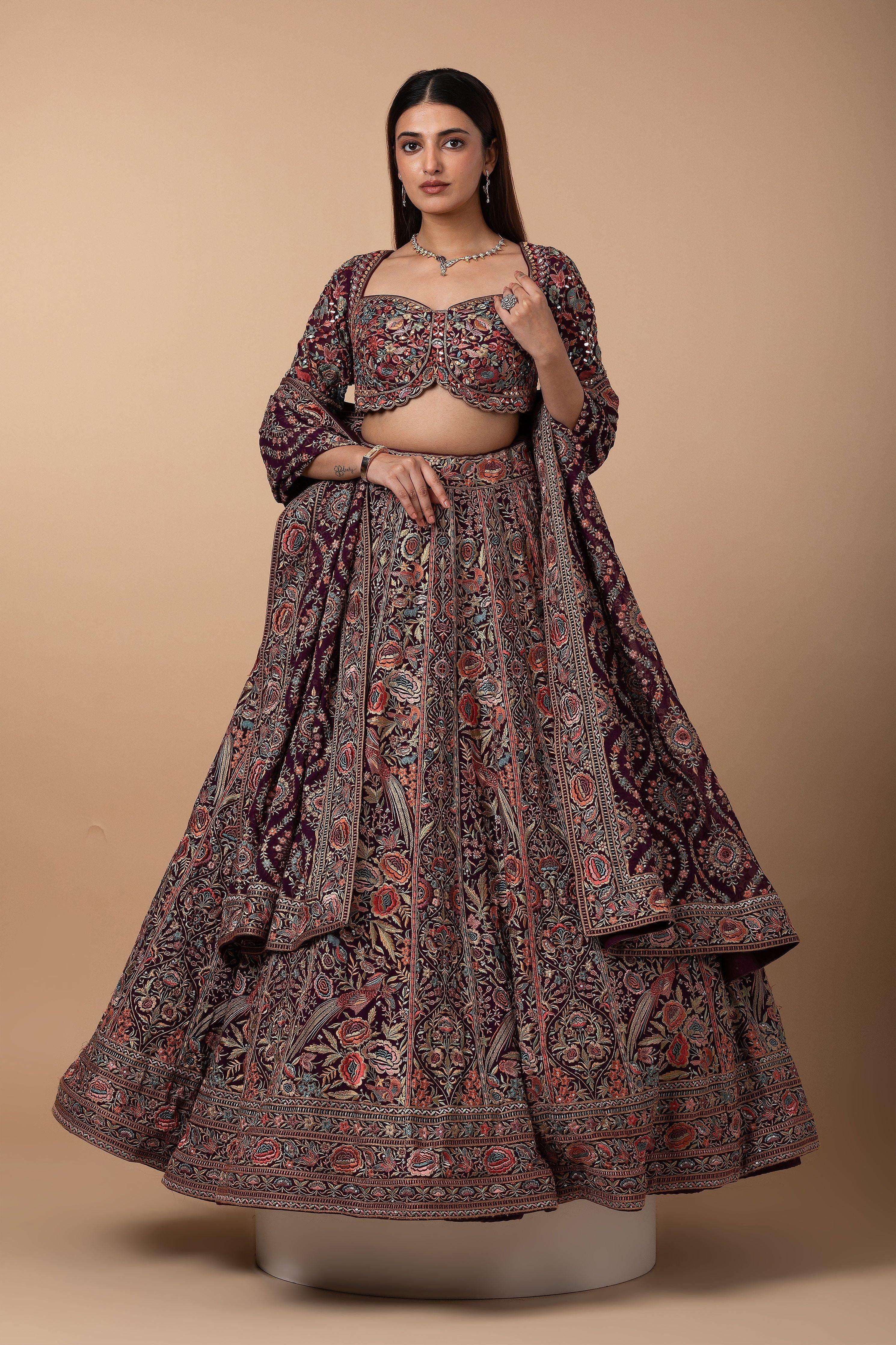 Wine Multicolor Kashida Embroidered Lehenga Set - Mokshaa