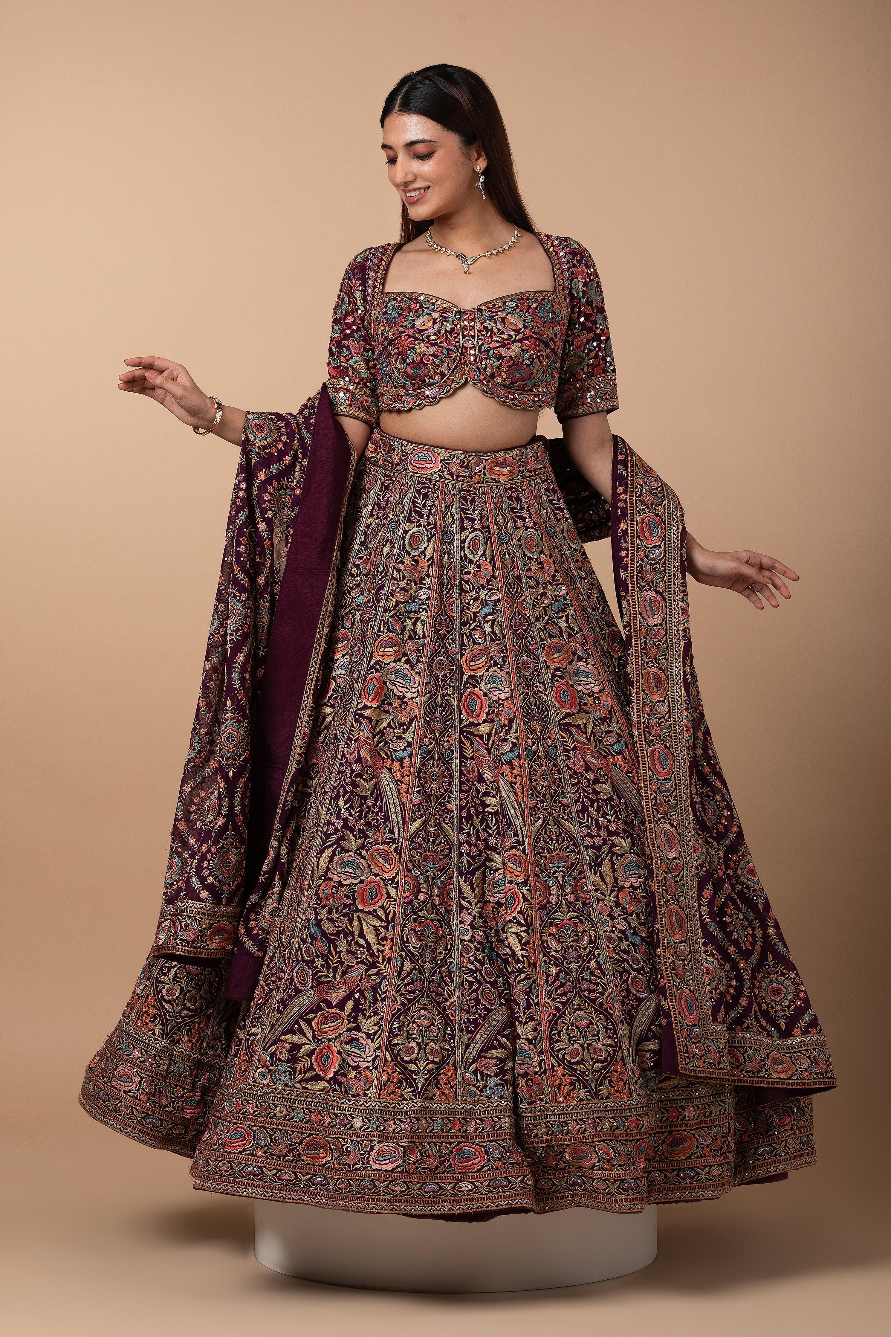 Wine Multicolor Kashida Embroidered Lehenga Set - Mokshaa