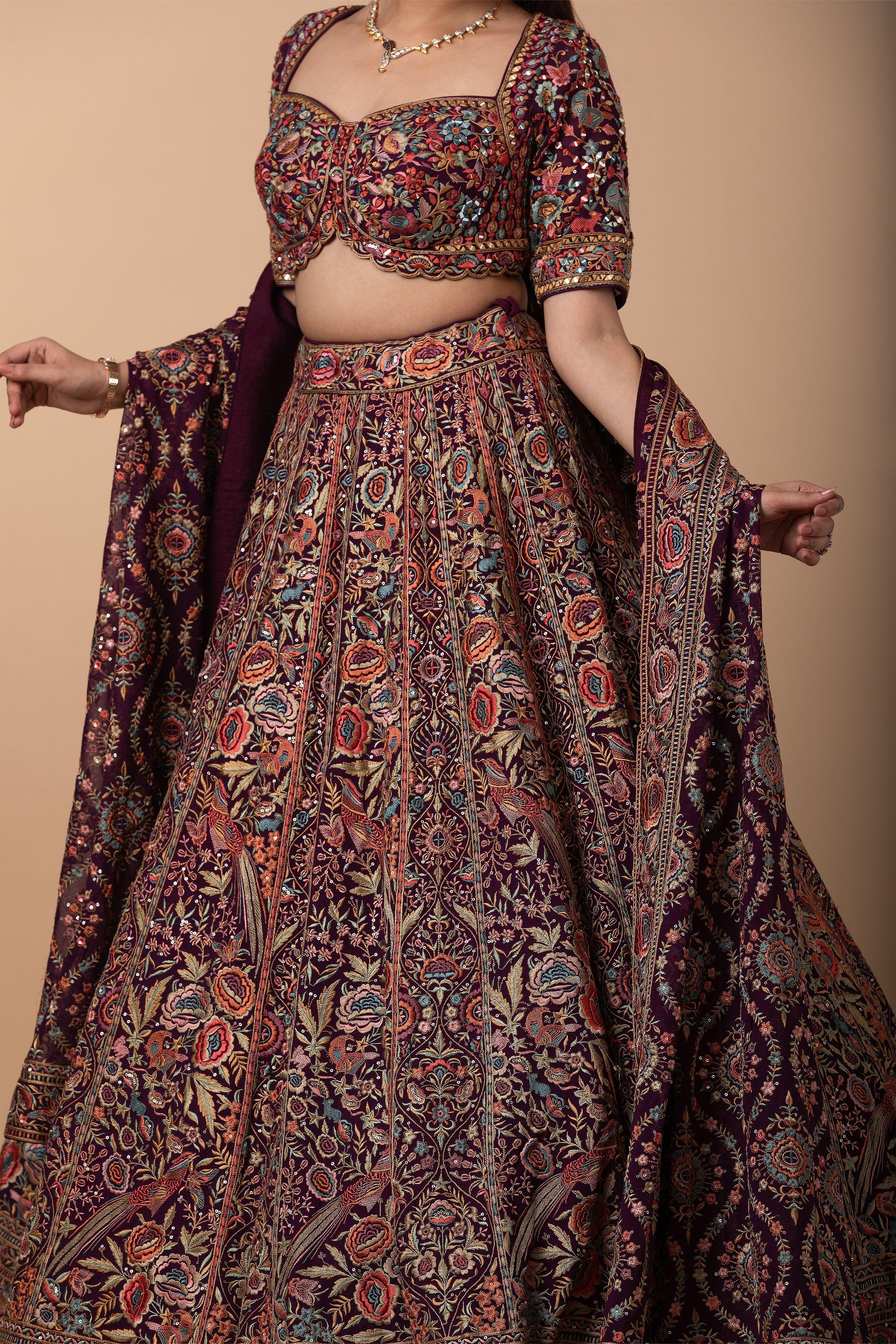 Wine Multicolor Kashida Embroidered Lehenga Set - Mokshaa
