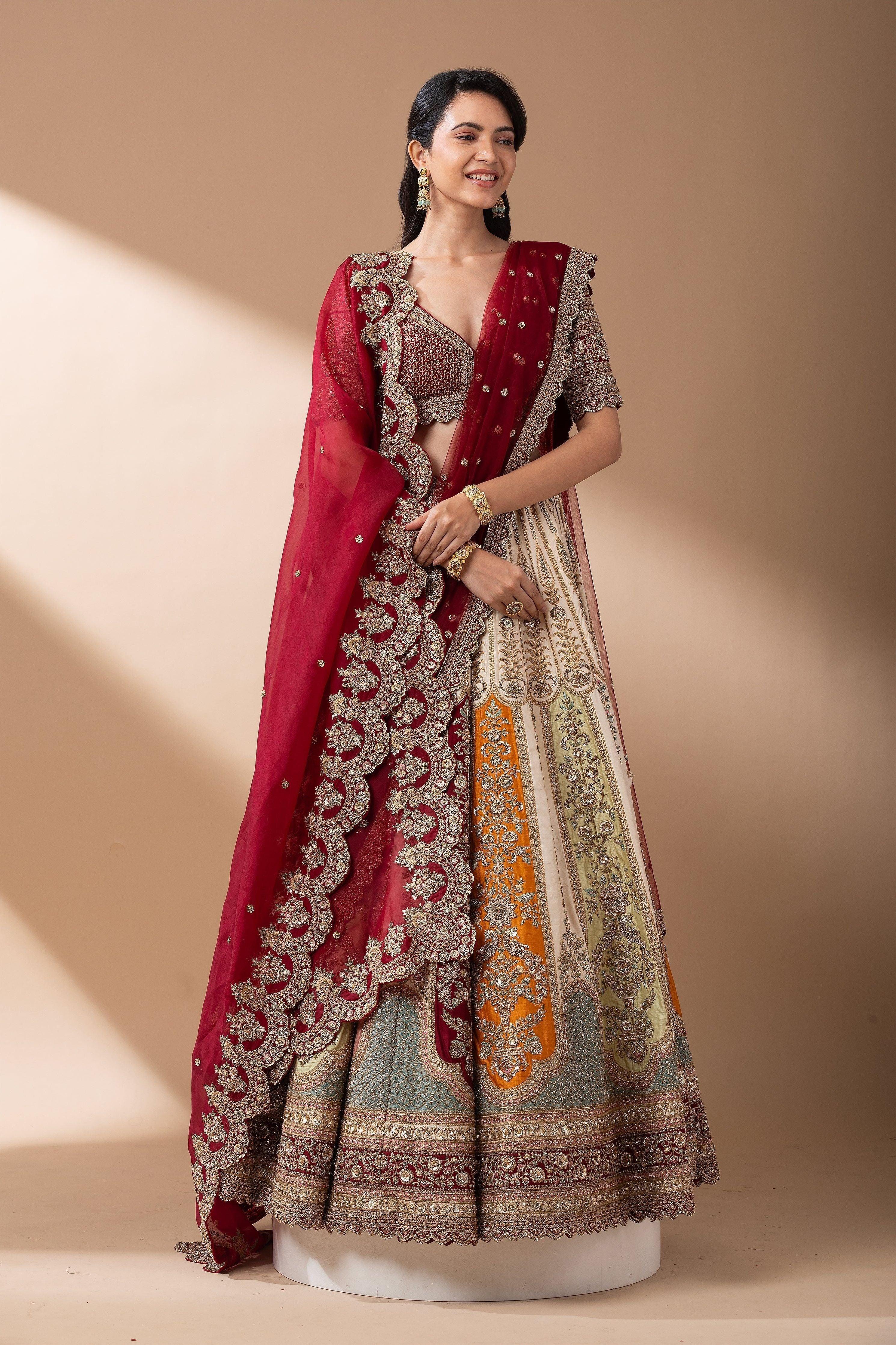 Regal Multicolor Paneled Bridal Lehenga - Mokshaa