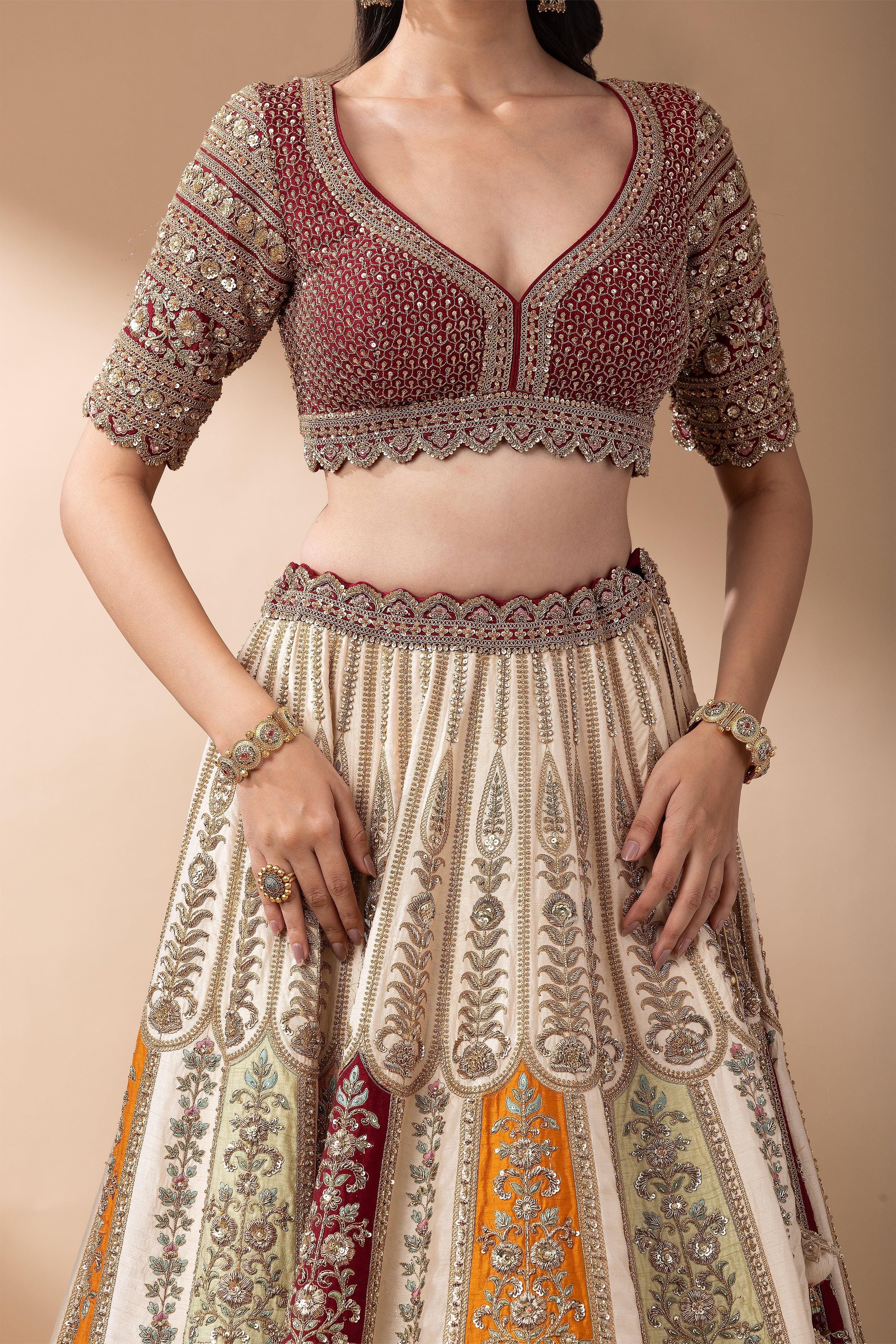 Regal Multicolor Paneled Bridal Lehenga - Mokshaa