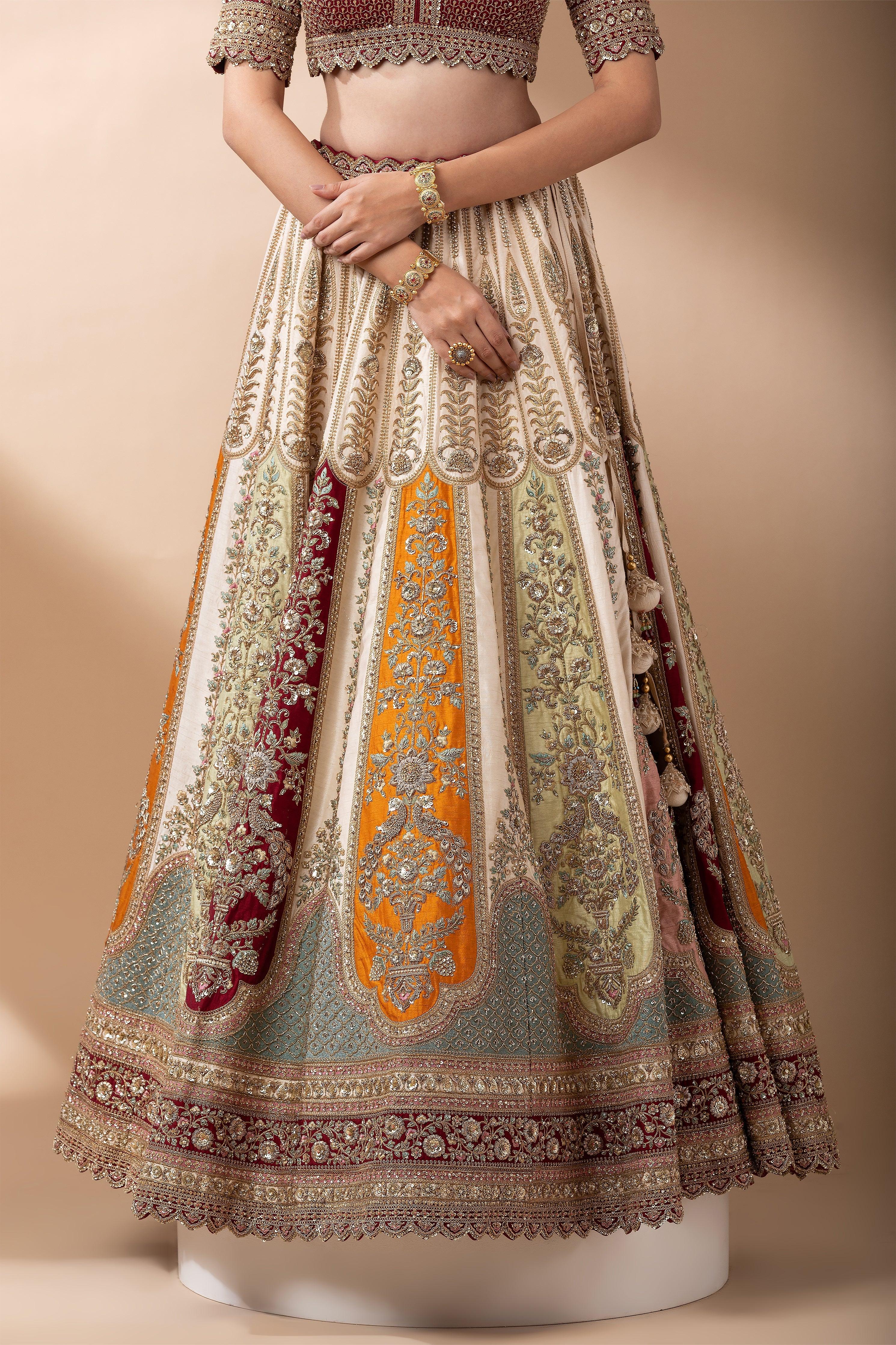 Regal Multicolor Paneled Bridal Lehenga - Mokshaa
