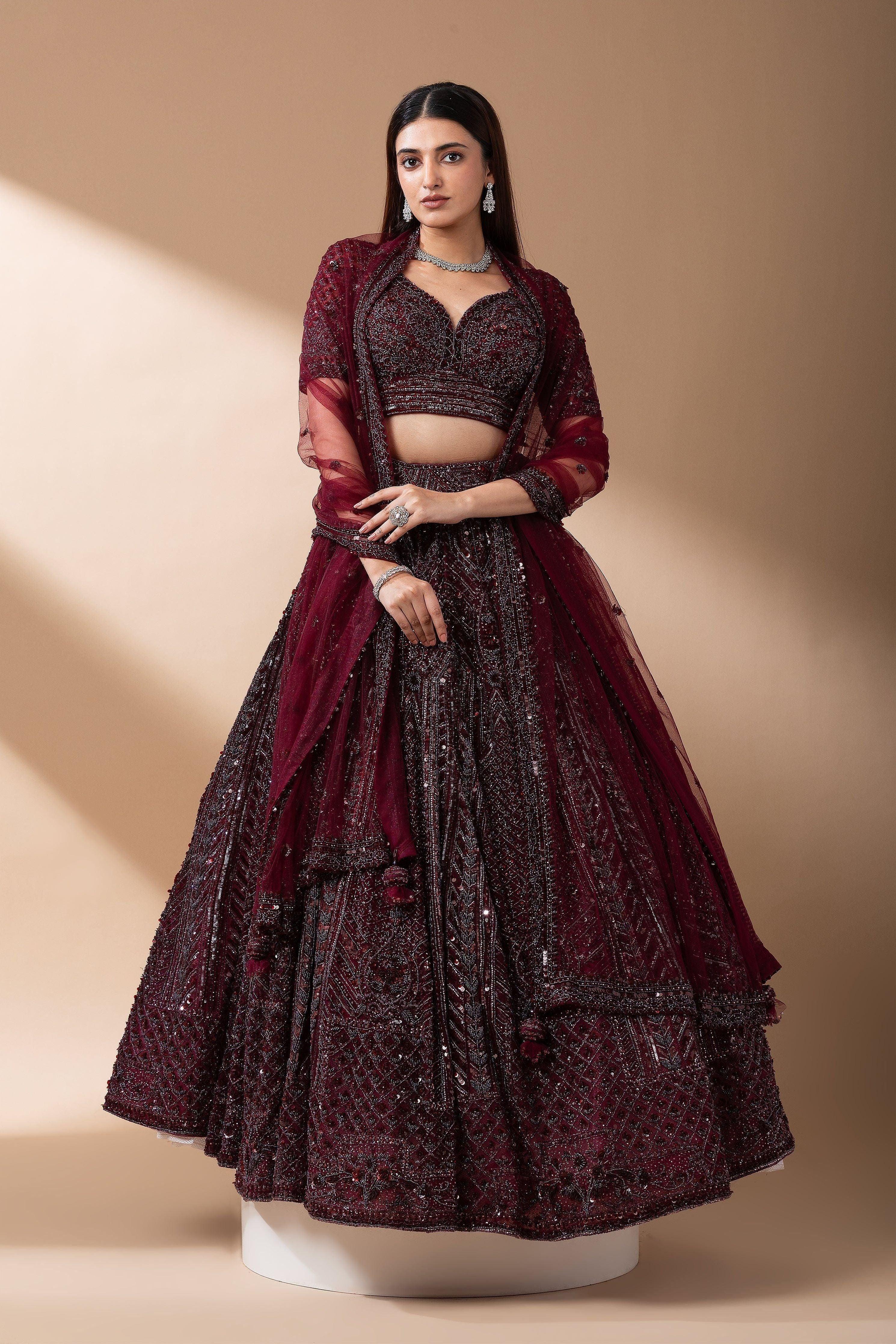Deep Wine Embroidered Bridal Lehenga set - Mokshaa