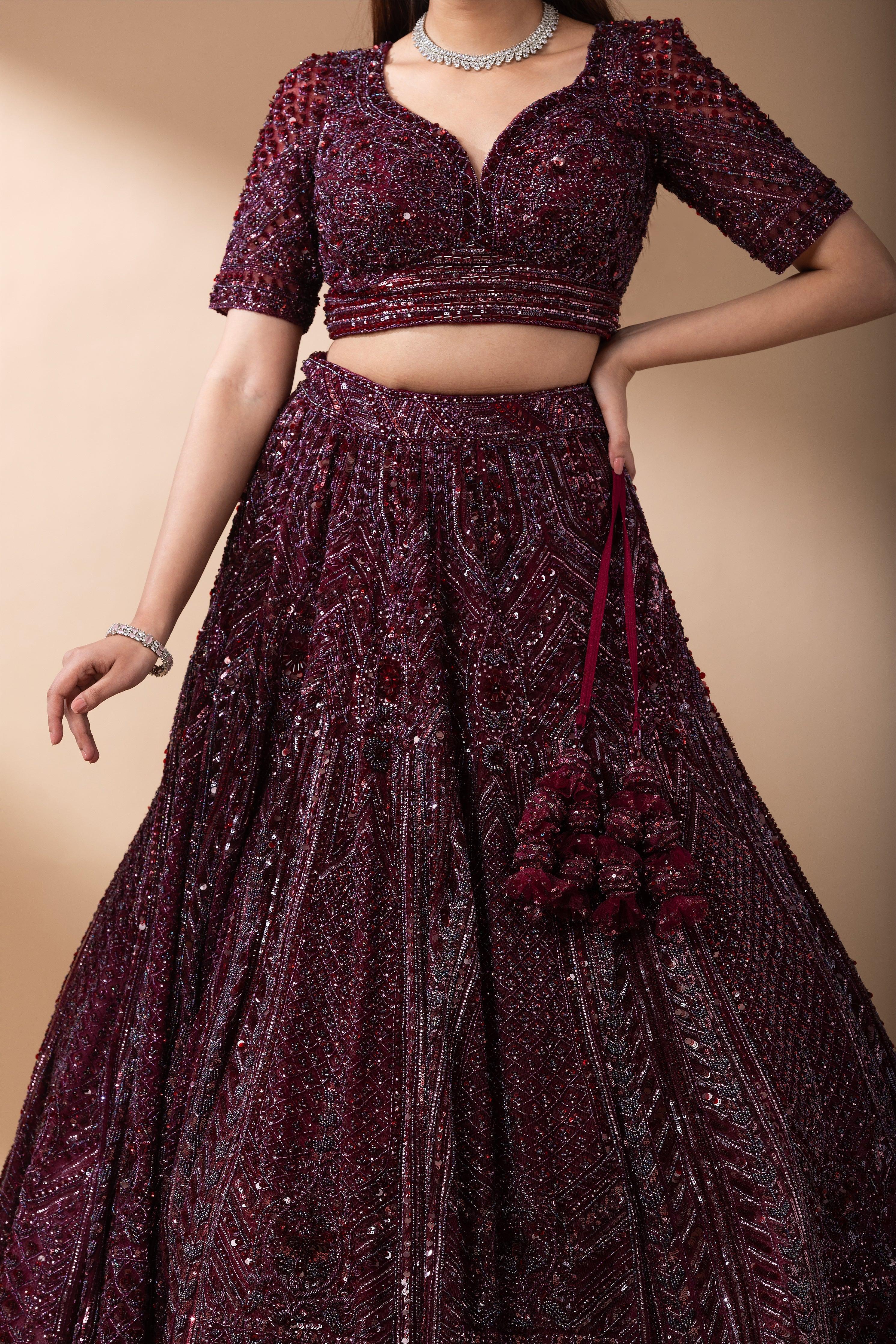 Deep Wine Embroidered Bridal Lehenga set - Mokshaa